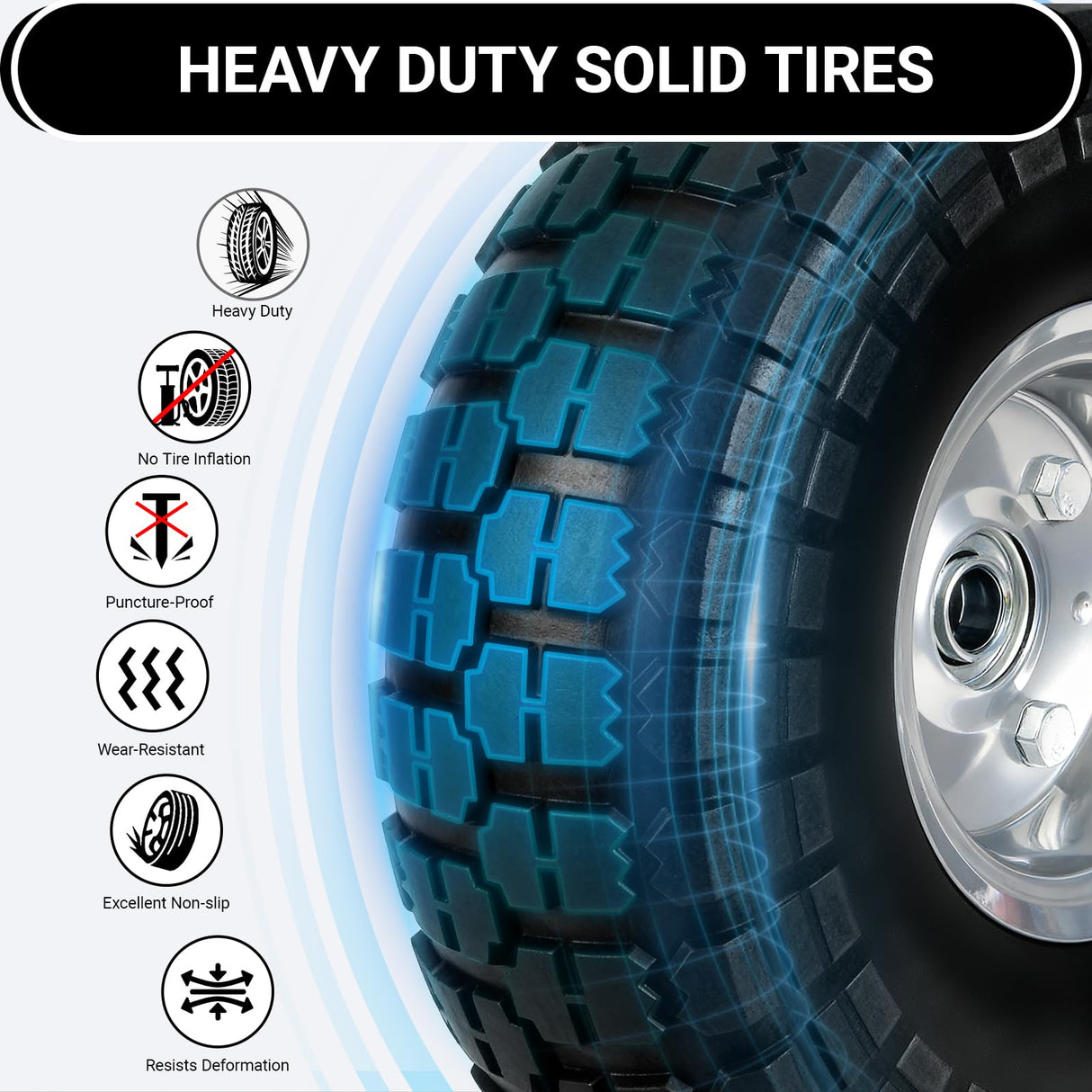 4.10/3.50-4 Flat Free Tire Wheels 10 Inch, (2 PICK) Solid Rubber Puncture Proof Airless Wheels with 5/8" Bearings 2.2" Offset Hub for Hand Truck, Dolly Gorilla Cart, Wheelbarrow, Outdoor Utility Cart