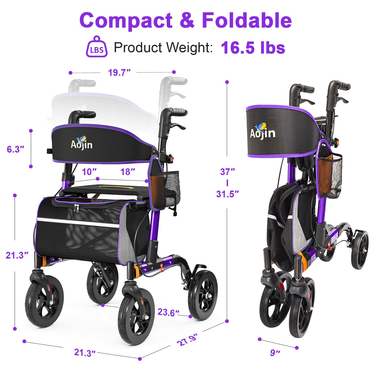 Walkers for Seniors, Rollator Walker with Seat, 350 lb Weight Capacity, 18" Big Seat, 8" All-Terrain Wheels, 6-Level Adjustable Height, Lightweight Aluminum Frame Rollator Walkers for Seniors (Purple)