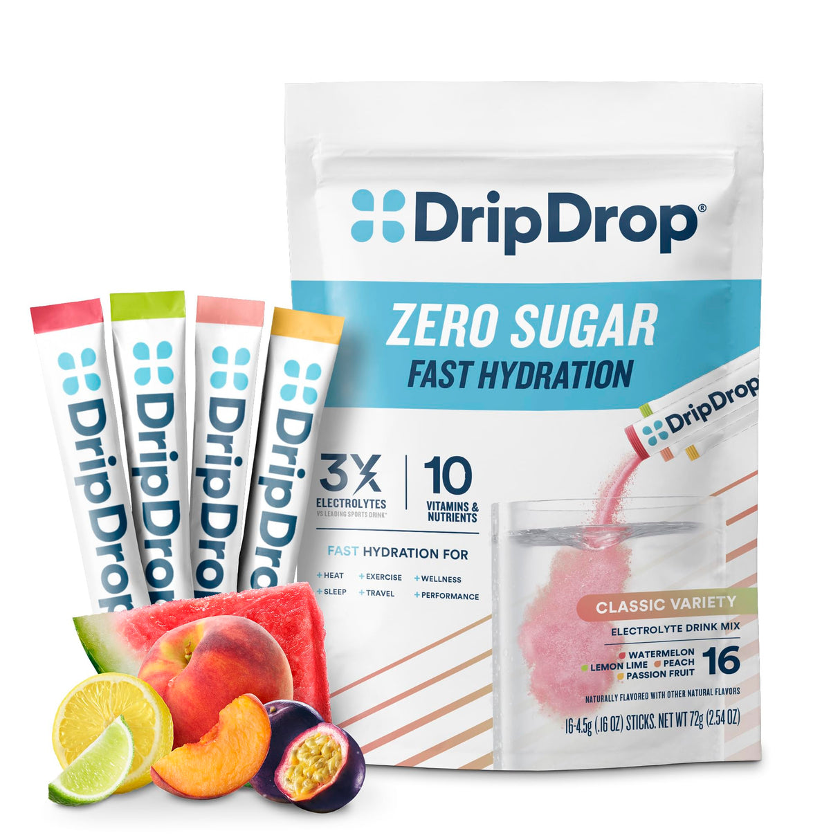 DripDrop Sugar Free Hydration Packets - Zero Classic Variety Pack - Single Serve Electrolytes Powder Drink Mix - Lemon Lime, Watermelon, Peach, Passion Fruit - Non-GMO, Gluten Free, Vegan - 16 Sticks
