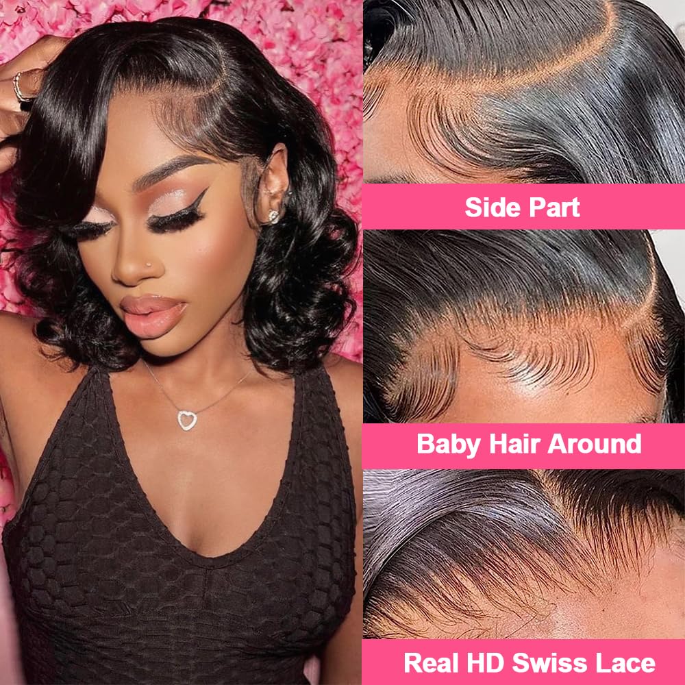 9x5 Glueless Wigs Human Hair Pre Plucked Pre Cut Bob Wig Human Hair 200% Density Body Wave Lace Front Wigs Human Hair HD Closure Wigs Short Bob Wigs for Black Women Wear and Go Glueless Wig 12 Inch