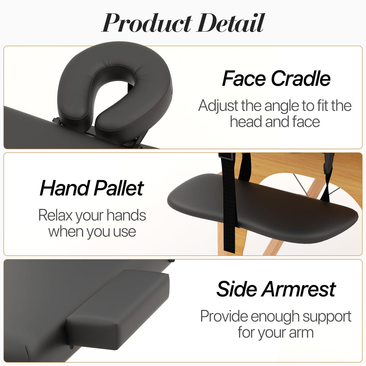 HENGJIANYI Massage Table, Portable 2 Section Foldable Tattoo Bed, Height Adjustable Lash Spa Bed with Face Cradle, Home Light Weight Facial Salon Bed with Wood Frame, Black