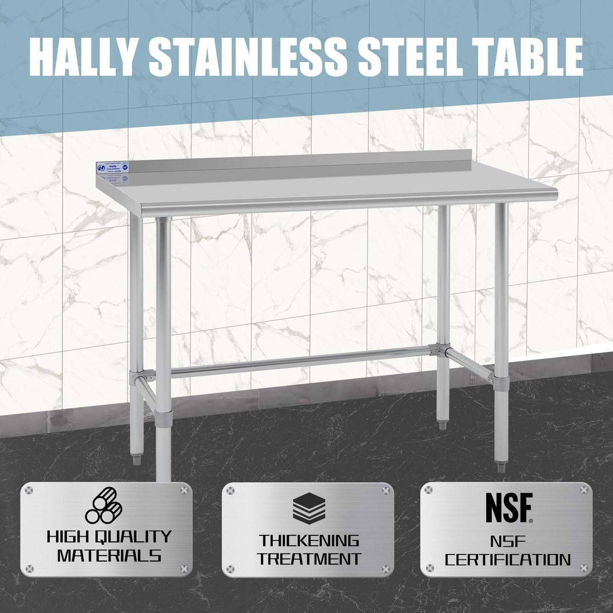 Hally Open Base Stainless Steel Table 24 x 48 Inches, NSF Commercial Heavy Duty Prep & Work Table with Backplash and Galvanized Legs for Restaurant, Home and Hotel
