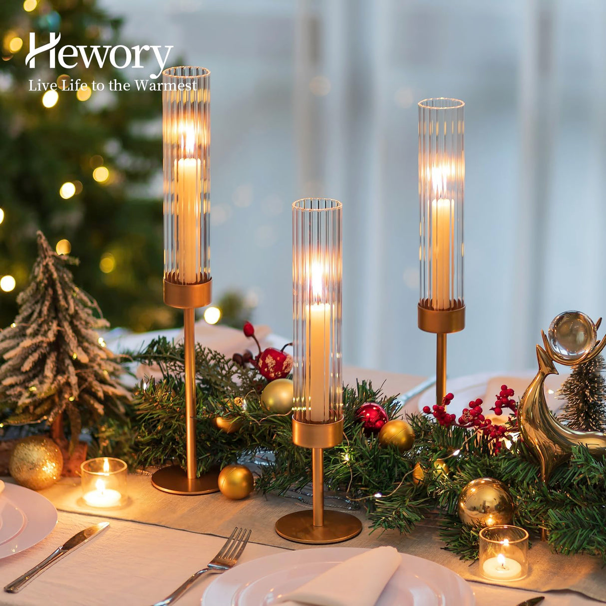 Hewory Gold Hurricane Candle Holders: Brass Candlestick Holders Set of 3 Tall Taper Candle Holders for Candlesticks Candle Sticks Holder Decor for Table Centerpiece Wedding Party Christmas Decorations