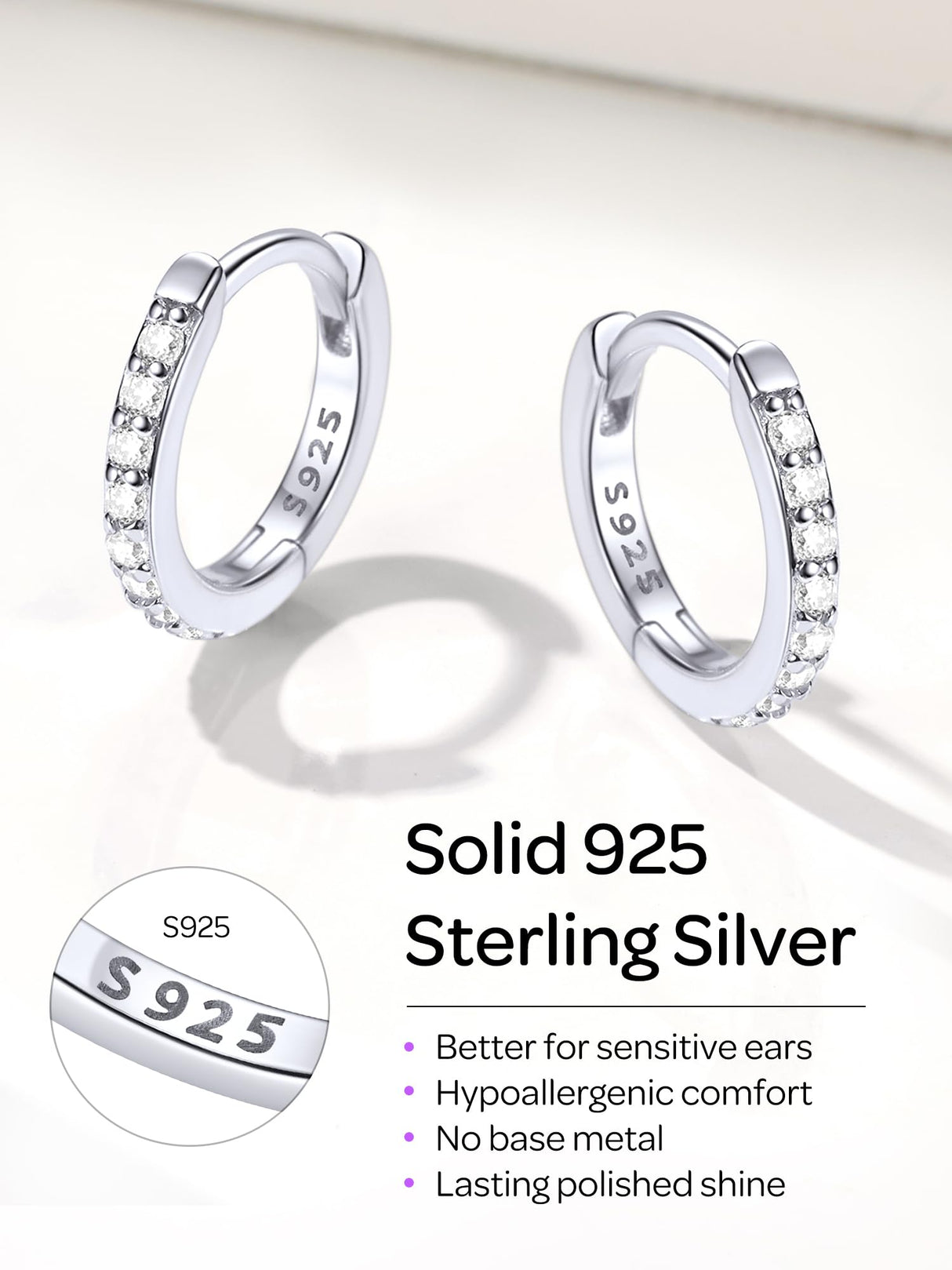 ChicSilver Silver Mini Huggie Hoop Earrings 925 Sterling Silver Earrings Cubic Zirconia Hoop Earrings for Women Cartilage Earrings Hypoallergenic 8MM