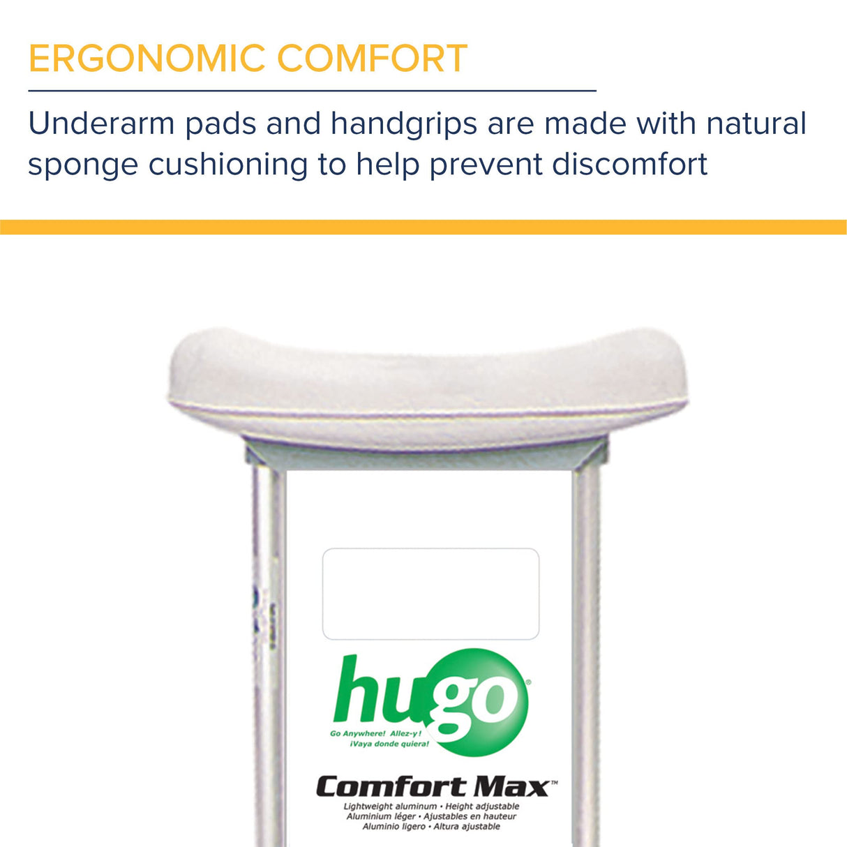 Hugo Mobility Adjustable Adult Crutches For Walking, Walking Crutches, Comfortable Lightweight Crutches with Underarm Pad and Hand Grip, For Users 52 to 60 Inches