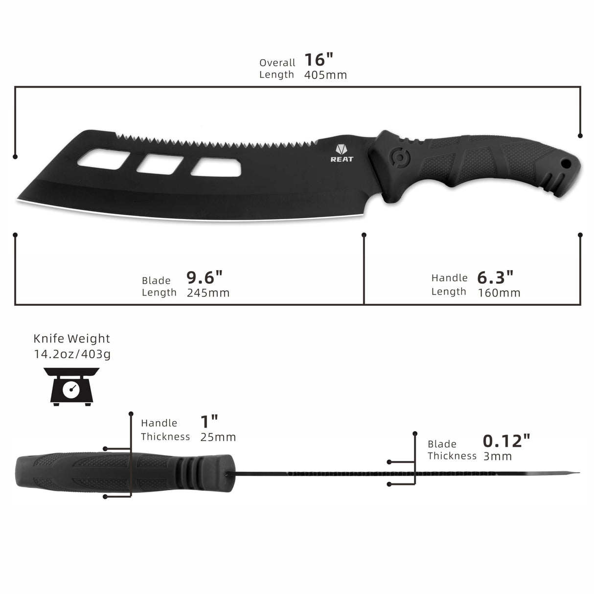 REAT Machete with Saw,16" Heavy Duty Machete with Sheath, Dual-Purpose Hunting Knife for Chopping and Sawing,Ergonomic No-Slip Handle,Machetes for Yard Work,Cutting Trees,Bushcraft,Gifts for Men,Women