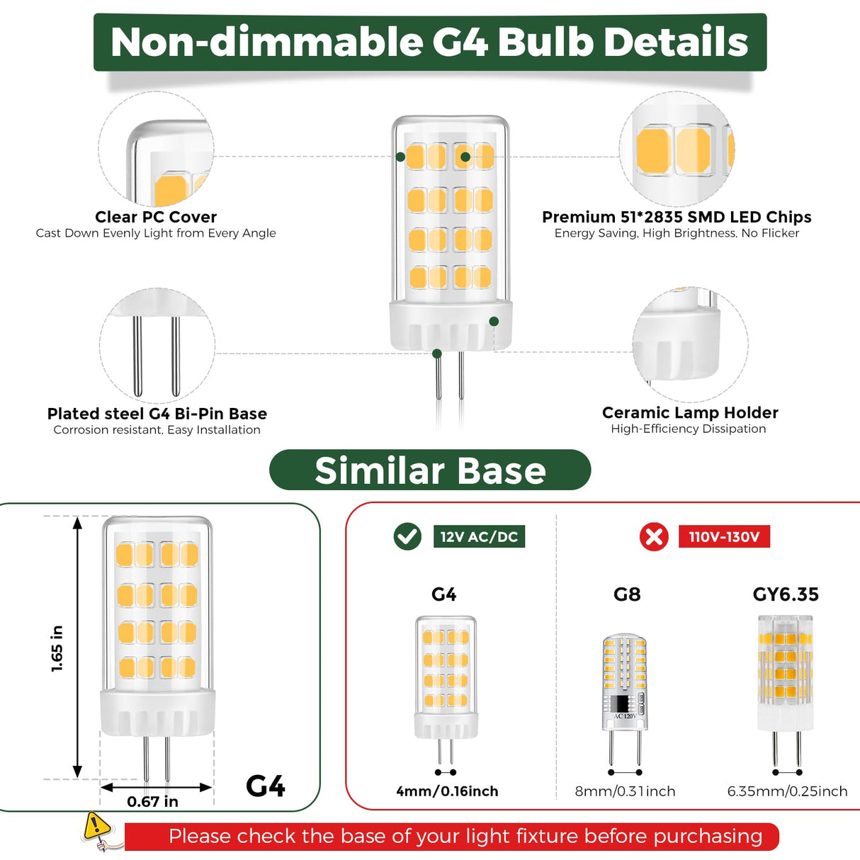 Gardencoin G4 LED Bulb 4W 480LM 2700K Warm White, 12V AC/DC, 360° Beam Angle, T3 Halogen Replacement, High-Efficiency Ceramic Base for Landscape, Cabinet, Ceiling Lights, 10 Pack