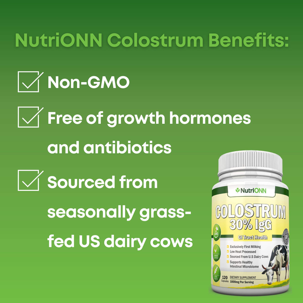 Colostrum - 1000mg - 120 Capsules - 30% IgG - Non-GMO US Dairy - First Milking Bovine Colostrum - Low Heat Processed - Great for GI Tract Health - Immune Support - Bone and Muscle Health