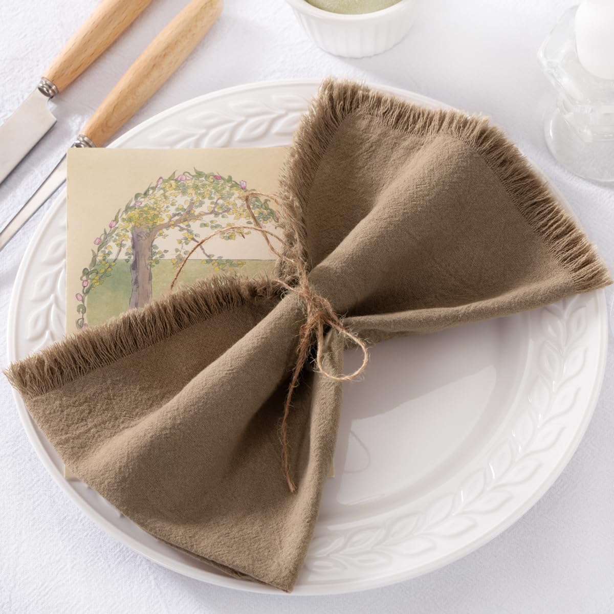 DeZerlor 12 Pack Nude Cotton Linen Napkins with Fringe Thanksgiving Fall Cloth Napkins Set of 12 Boho Handmade Dinner Table Napkins Bulk for Wedding Baby Shower Christmas Parties, 17 x 17 Inches