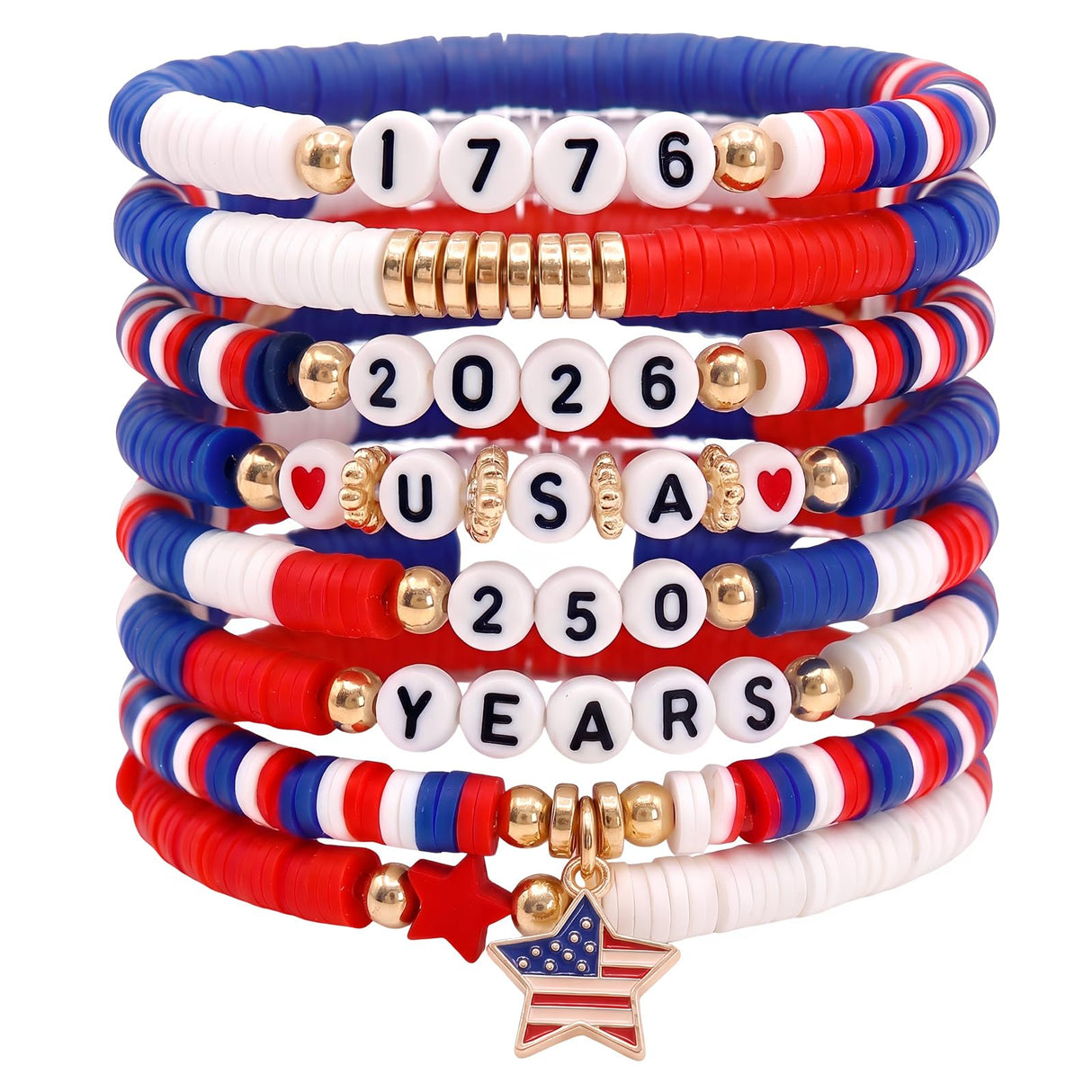 Cmfuegsk 250th USA Patriotic Bracelets Set, 4th of July Bracelets, USA Bracelets, Red White Blue Beaded Stretch Bracelets, Patriotic Jewelry for Women, 250 Anniversary USA Merchandise
