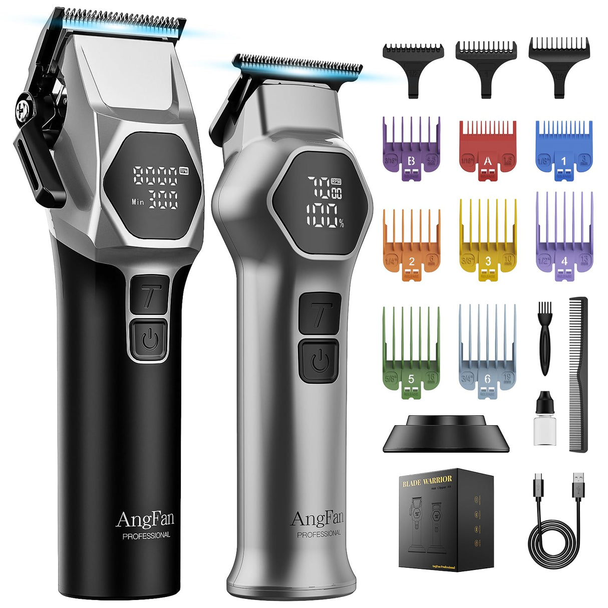 ANGFAN Professional Hair Clippers for Men - 8000RPM Brushless Motor & 440C Steel Blades, Barber-Grade Cordless Clippers & Trimmer Set for Fade Designs, Hair Cutting Tools for Professional Barbers