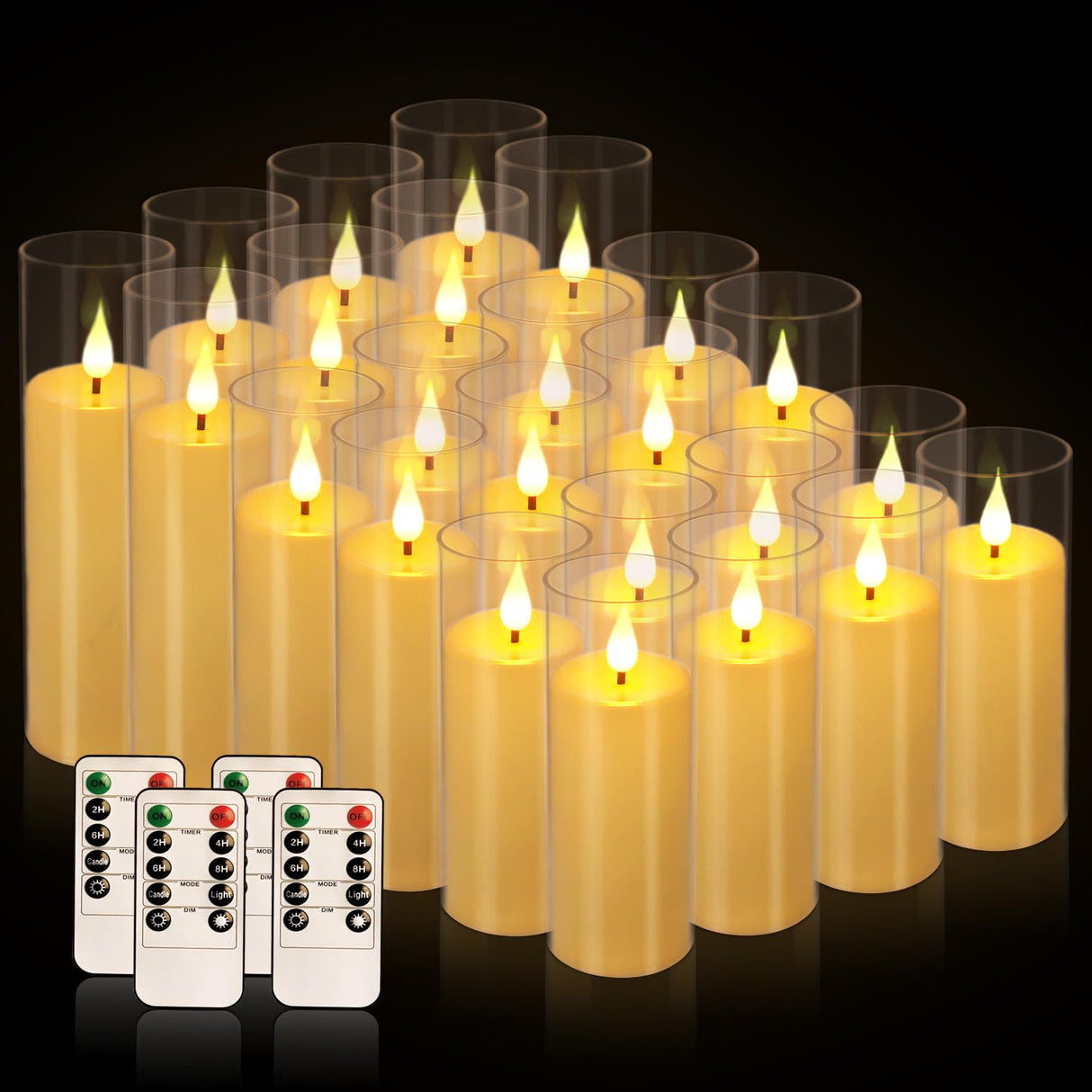 YOROXRG Flickering Flameless Candles Battery Operated with Remote,Led Pillar Candles with Realistic Moving Wick Candles for Halloween,Christmas,Home Decor Pack of 24 (D2.2 xH 5" 6" 7")(Ivory)