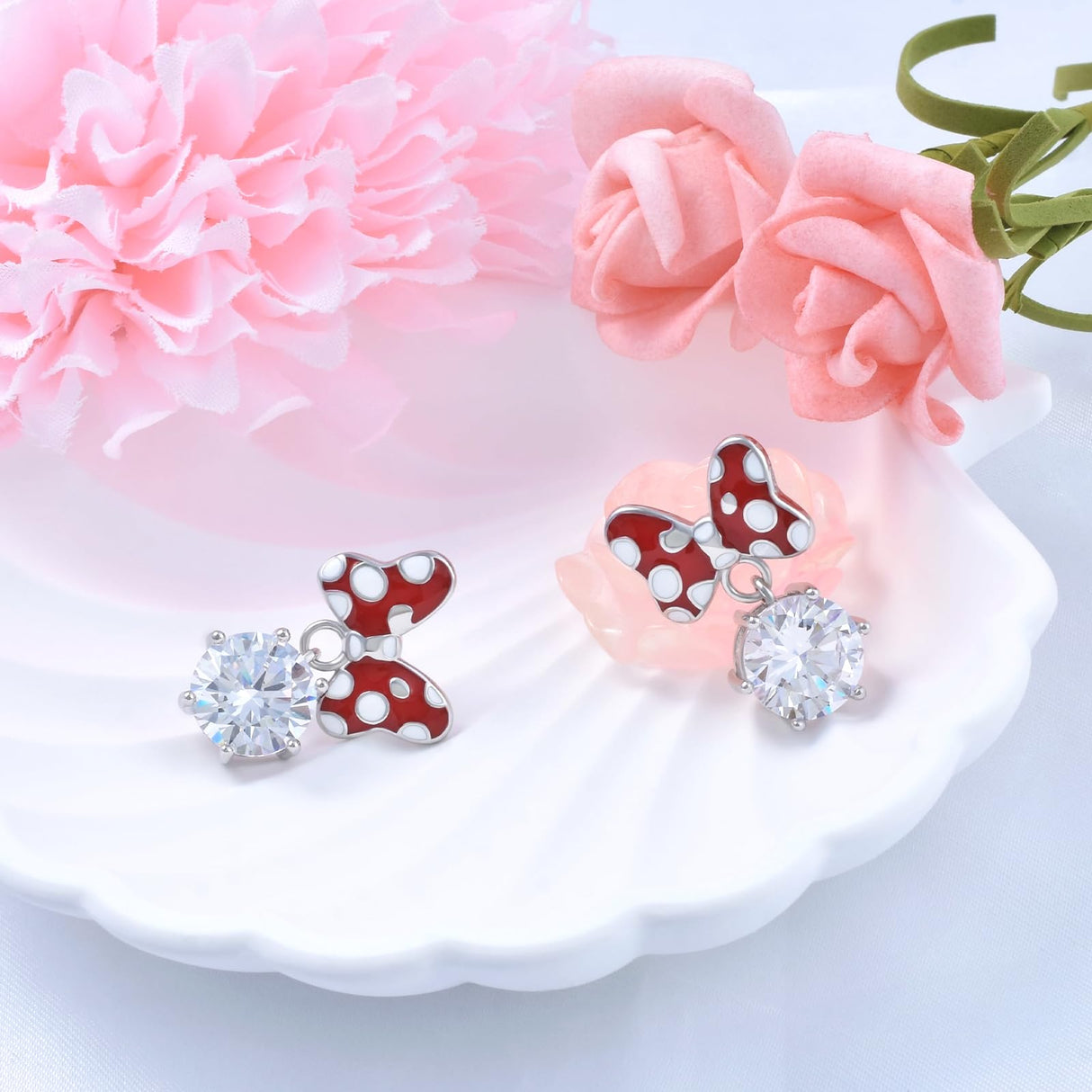 Red Bow Earrings Sterling Silver Red Mouse Bow Stud Earrings with Big Sparkling CZ Dangle Cute Dainty Sweet Bowknot Earrings Lucky Cute Animal Stud Jewelry Gifts for Women Daughter Birthday