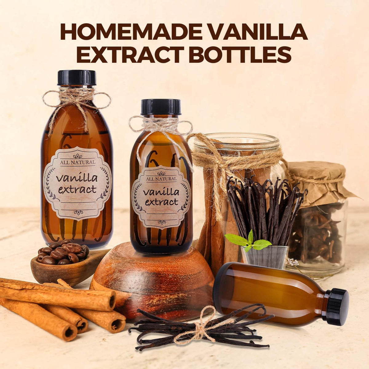 12 Pack 4 oz Vanilla Extract Bottles, Amber Glass Bottle with Twine