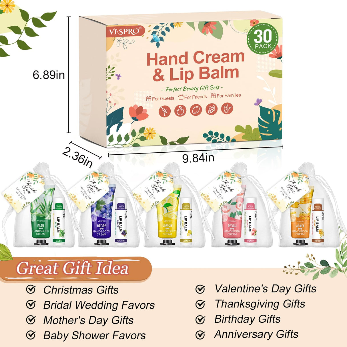 30 Sets Bulk Hand Cream and Bulk Lip Balm Gifts, Stocking Stuffers for Women, Wedding Favors for Guests with Thank You Card and Organza Bags, Christmas Gifts, Employee Appreciation Gifts