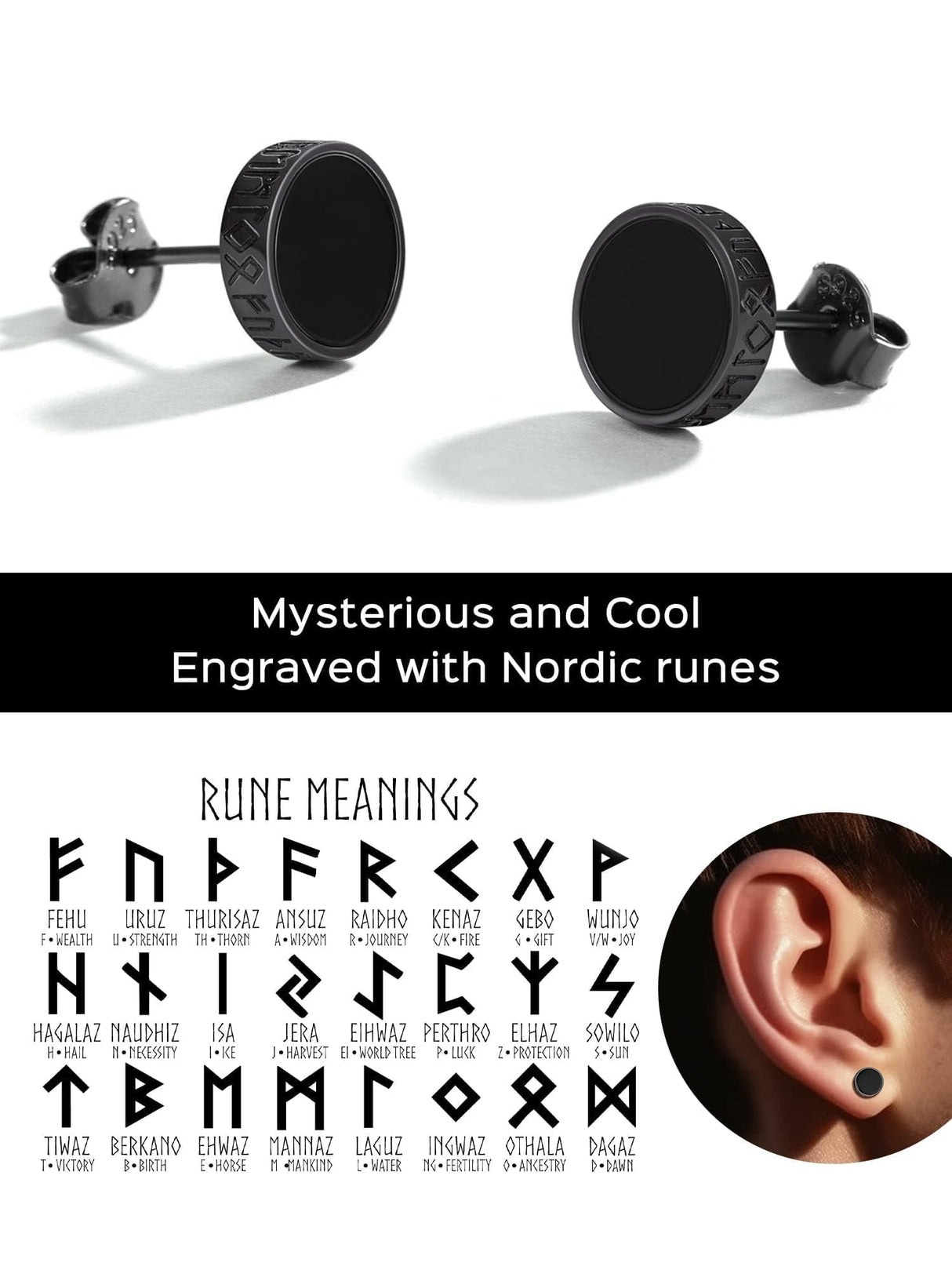 ChicSilver 925 Sterling Silver Earrings for Men, Hypoallergenic 8MM Viking Rune Men's Earring, Natural Black Onyx Mens Stud, Fathers Day Christmas Jewelry