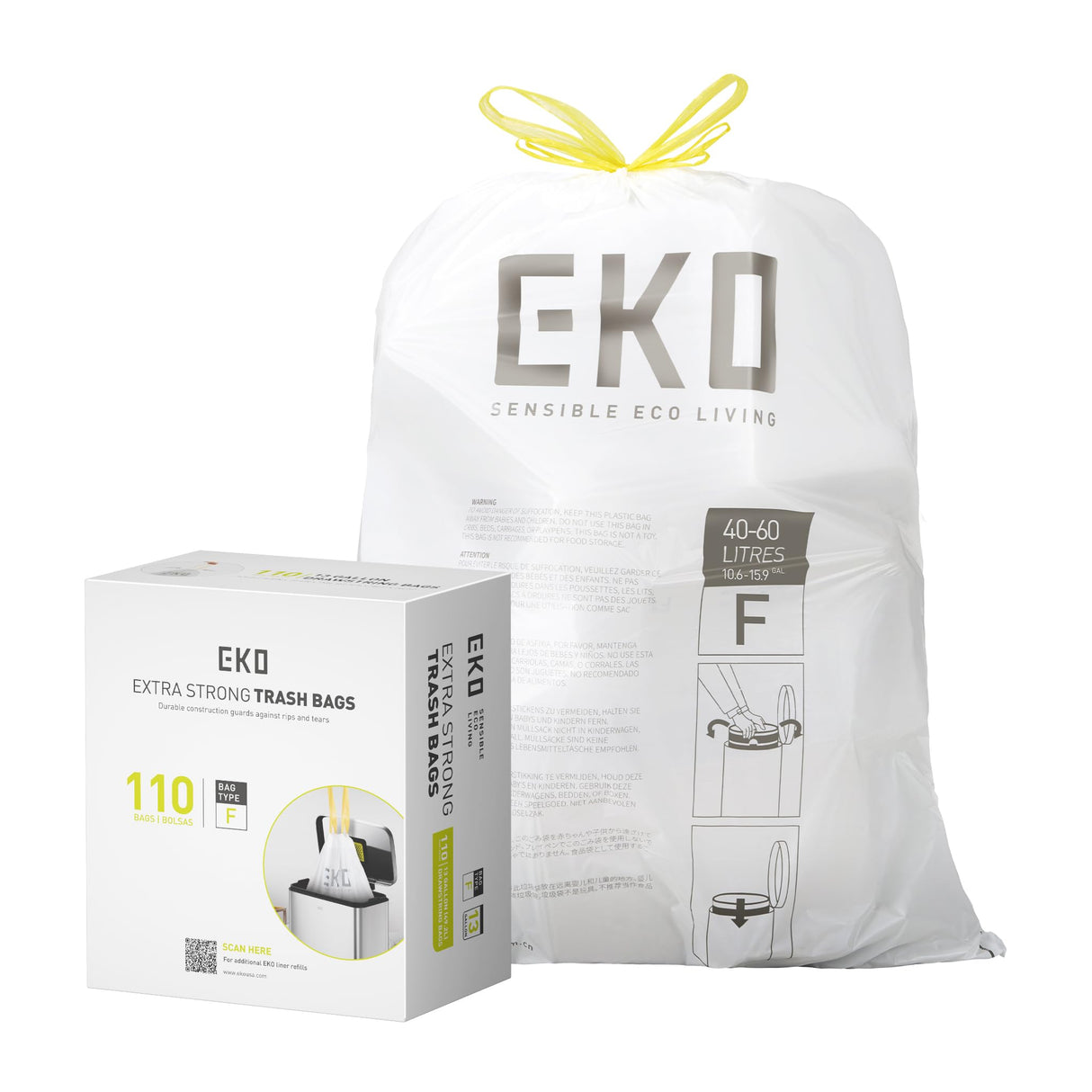EKO Extra Strong 13 Gallon Large Drawstring Trash Bags, Heavy-Duty Garbage Bags for Kitchen & Household Use (50L), Leak-Resistant, 110 Count, Code F