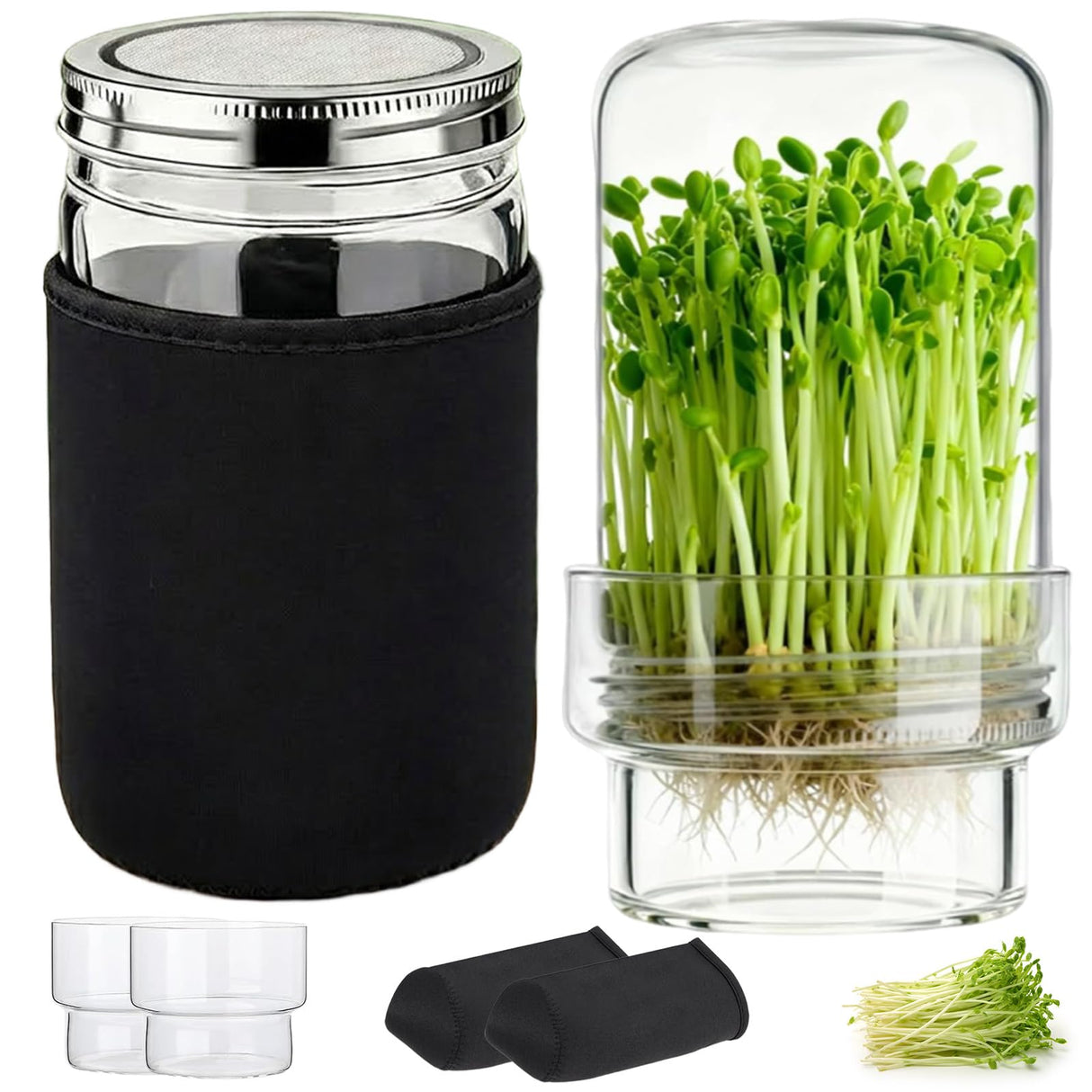DWETG Sprouting Jar Kit, 2 Pack Wide Mouth Mason Jar Sprouter with Stainless Stee Screen Lids & Mess-Free Drip Covers Complete Indoor Microgreens Growing Kit Broccoli Alfalfa Gardening Gift