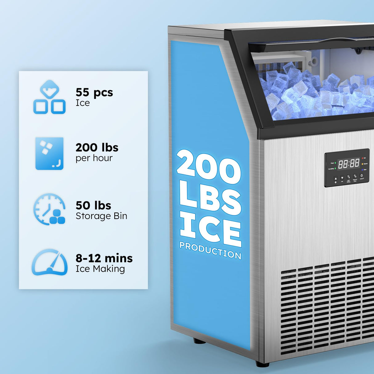 Commercial Ice Machine 200Lbs/24H, Commercial Ice Maker with 50 LBS Storage Bin, Ice Cubes Ready in 5-15 min, Freestanding or Under Counter Ice Maker Machine, Thicknesses Adjustable, Stainless Steel