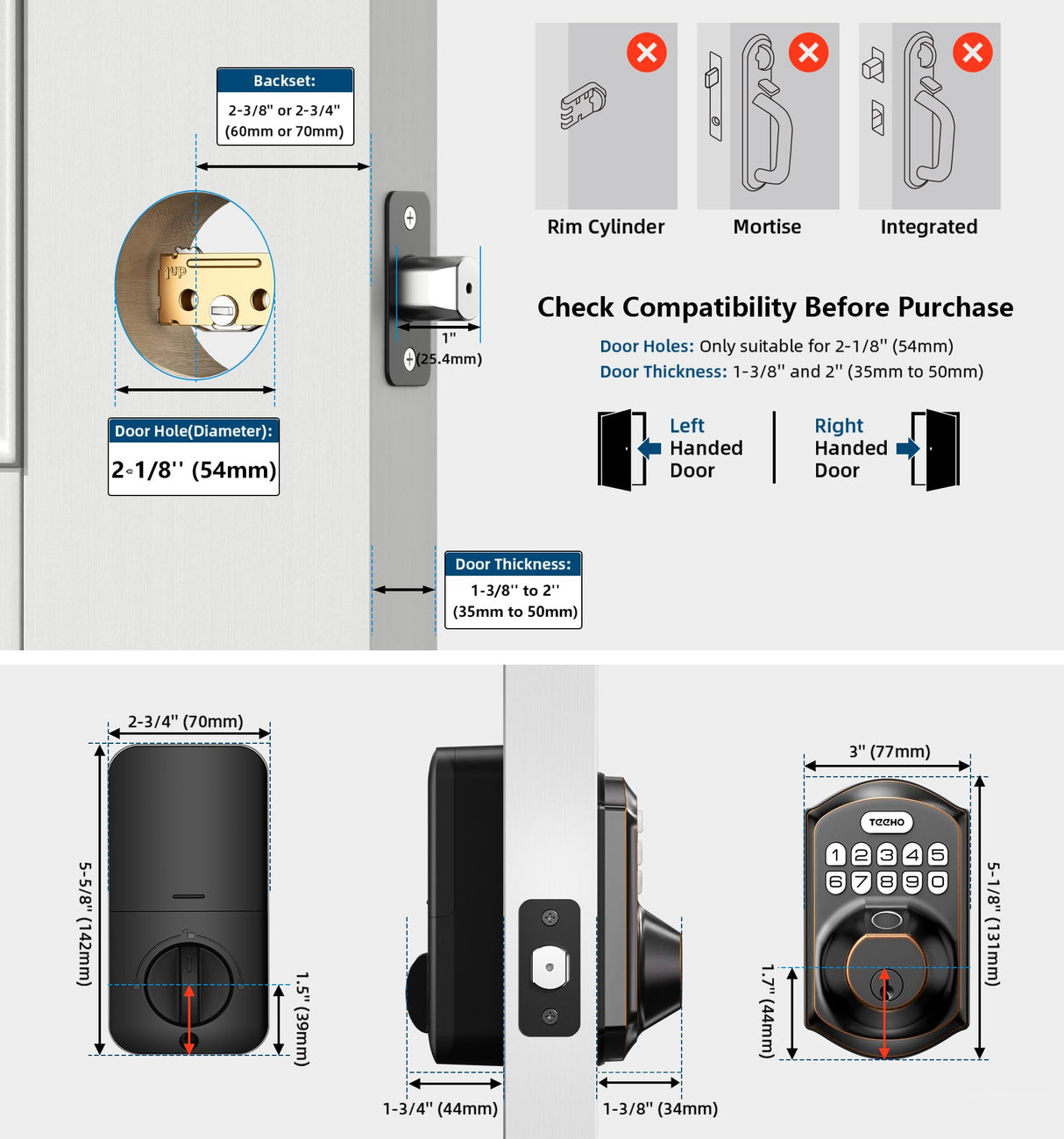 TEEHO TE002 Fingerprint Door Lock - Keyless Entry Electronic Keypad Deadbolt with 2 Backup Keys - Auto Lock - Easy Installation - Smart Locks for Front Door - Oil-Rubbed Bronze