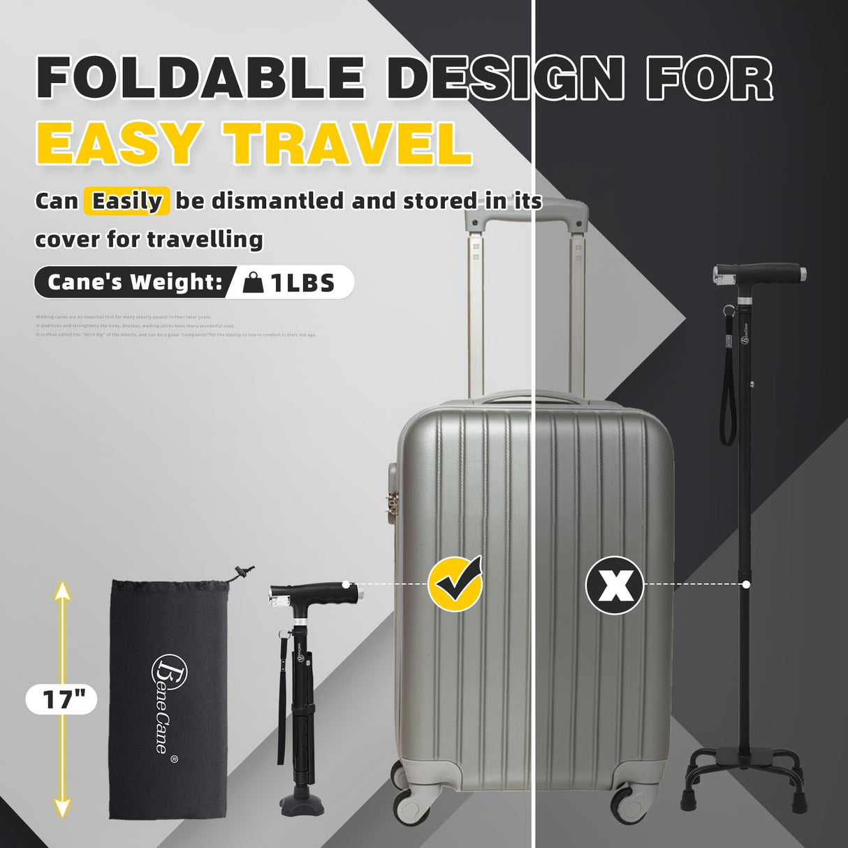 BeneCane Walking Cane for Women Folding Cane for Men with Two Led Lights Quad Cane with Stable Base Lightweight and Adjustable Walking Stick