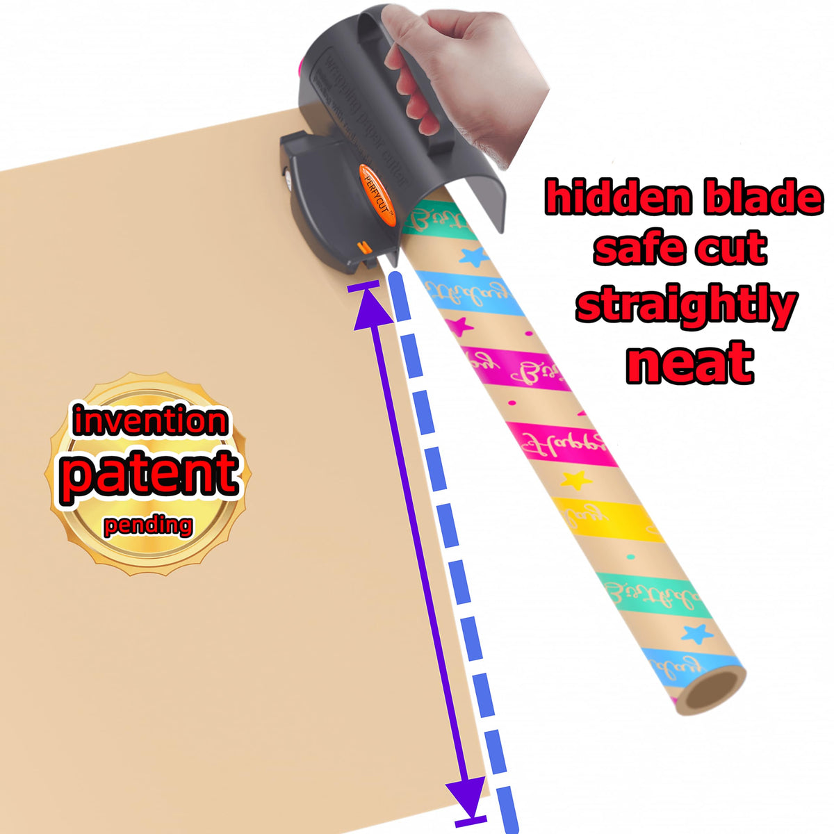 PERFYCUT Wrapping Paper Cutter with 3 Replaceable Blade Sets for Birthday Paper Gift Wrapping Paper Roll Cutter and Christmas Wrapping Paper Cutter Tool Tube Holder Slidding Slicing.
