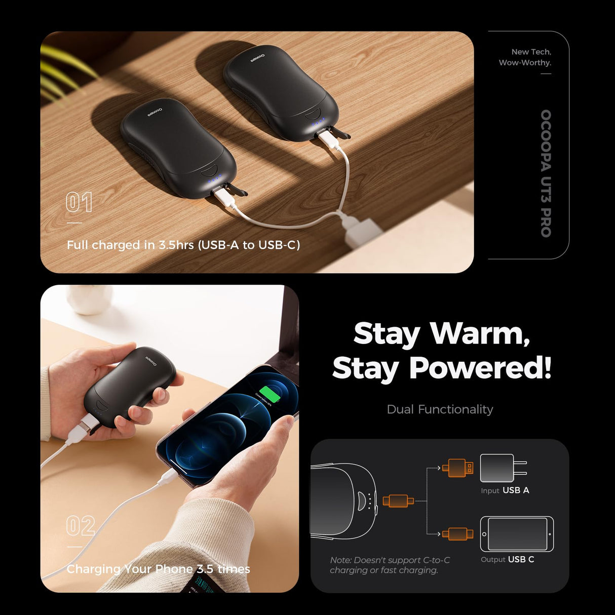 OCOOPA AI Smart Magnetic Double-Sided Heating Hand Warmers Rechargeable 2 Pack,10000mAh Electric Heater, Larger Warming Surface, 4 Heat Levels, Max 136°F, Men Gifts for Christmas,UT3 PRO