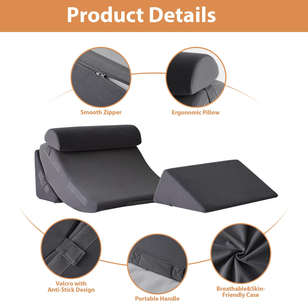 4PCS Wedge Pillow Set for After Surgery, Orthopedic Bed Wedge Pillow for Back Pain Relief, Sitting up in Bed,Recovery, Acid Reflux, Snoring, Body Pillow for Sleeping,Leg,Shoulder Support, Velvet Grey