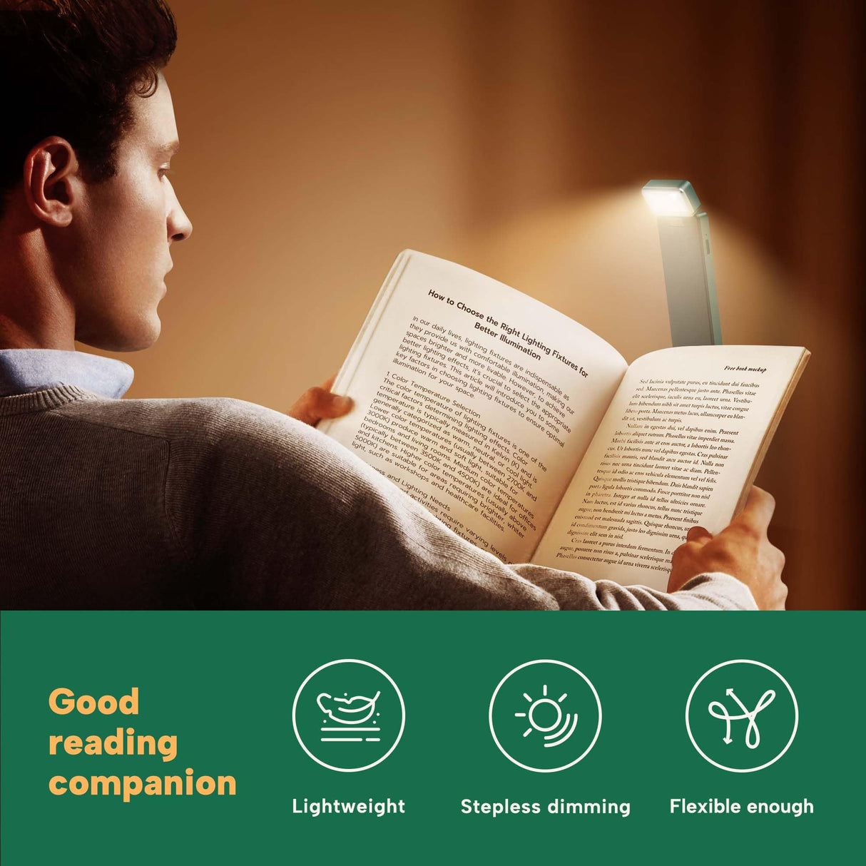 86lux Book Light, Rechargeable Reading Lights for Books in Bed, Ultralight Clip-on LED Bookmark Lamp with 3 Amber Colors & Stepless Dimming for Night Reading for Book Lovers, Kids,Hunter Green