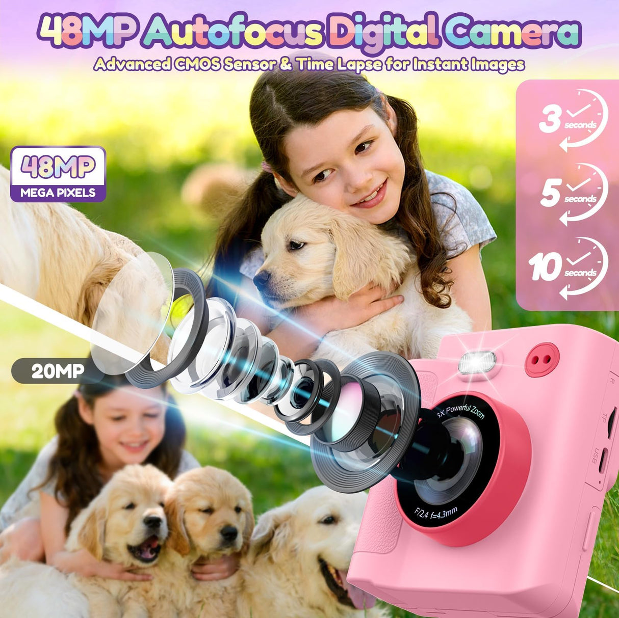 Gift for Girls Kids Camera: Instant Print Dual Lens Digital Camera Toys for Girl 3-12 Birthday Christmas Valentines Gifts for Kid Girls Boys Ages 3 4 5 6 7 8 9 10 with 32G SD Card Storage Bag Pink