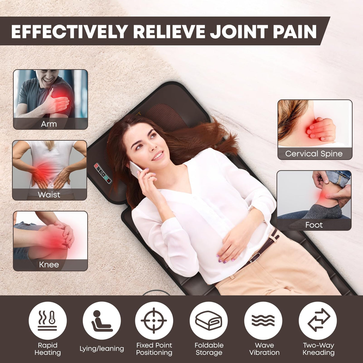 Massage-Mat, Detachable Neck Massager, Full Body Vibration Heating, Massage Pad with 10 Vibrating Motors and 9 Speed Settings for Home Office Use, Brown