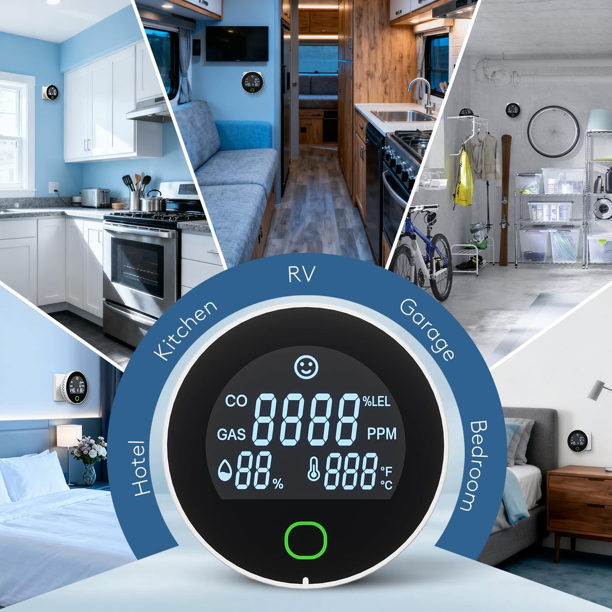 4 in 1 Carbon Monoxide Detectors Plug in, Natural Gas Leak & Carbon Monoxide Detectors, Dual Alarms and HD Screen Display with CO/Gas/Temperature/Humidity for Home/Travel/RV
