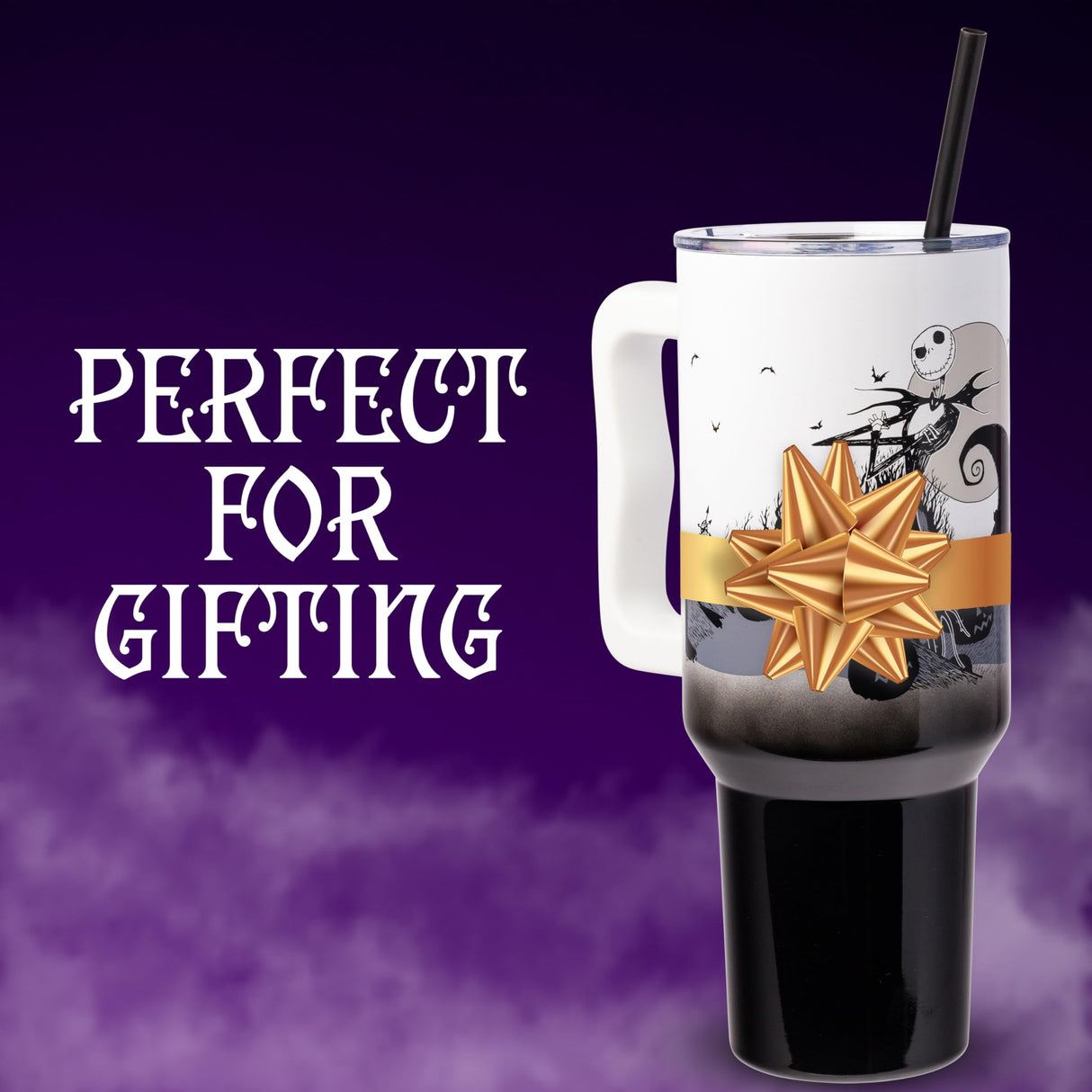 Silver Buffalo Disney Nightmare Before Christmas by Tim Burton Jack Skellington Hill and Moon Stainless Steel Tumbler with Handle and Straw, Fits in Standard Cup Holder, 40 Ounces