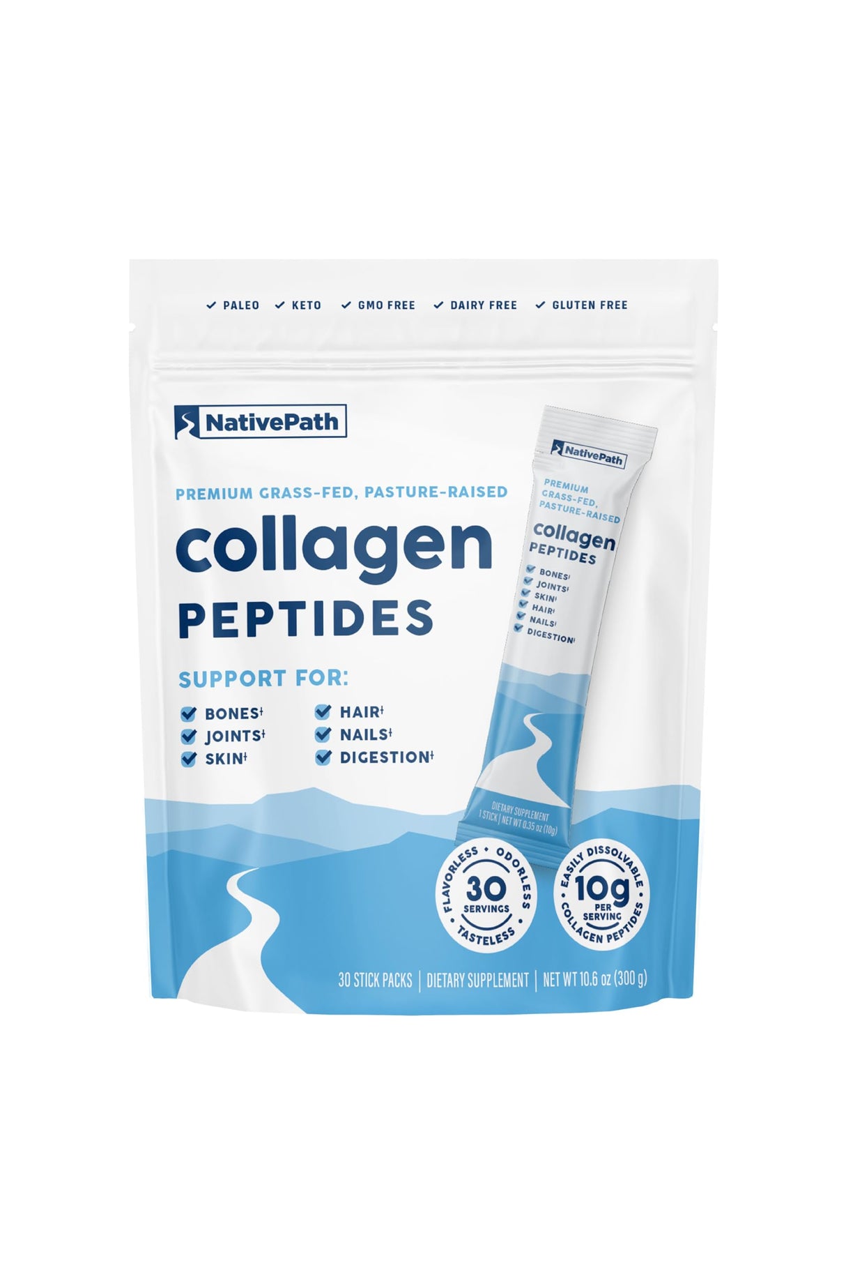NativePath Collagen Peptides Protein Stick Packs - Hydrolyzed Type 1 & 3 Collagen Powder for Skin, Hair, Nails - 30 Servings