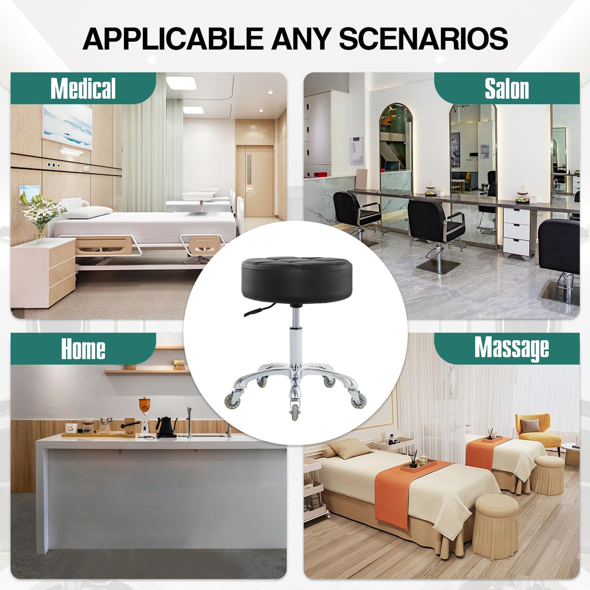 Ainilaily Rolling Stool with Wheels Adjustable Height, Roller Stool for Massage Medical Tattoo Spa Heavy Duty Swivel Desk (Super Thick Cushion, Black)