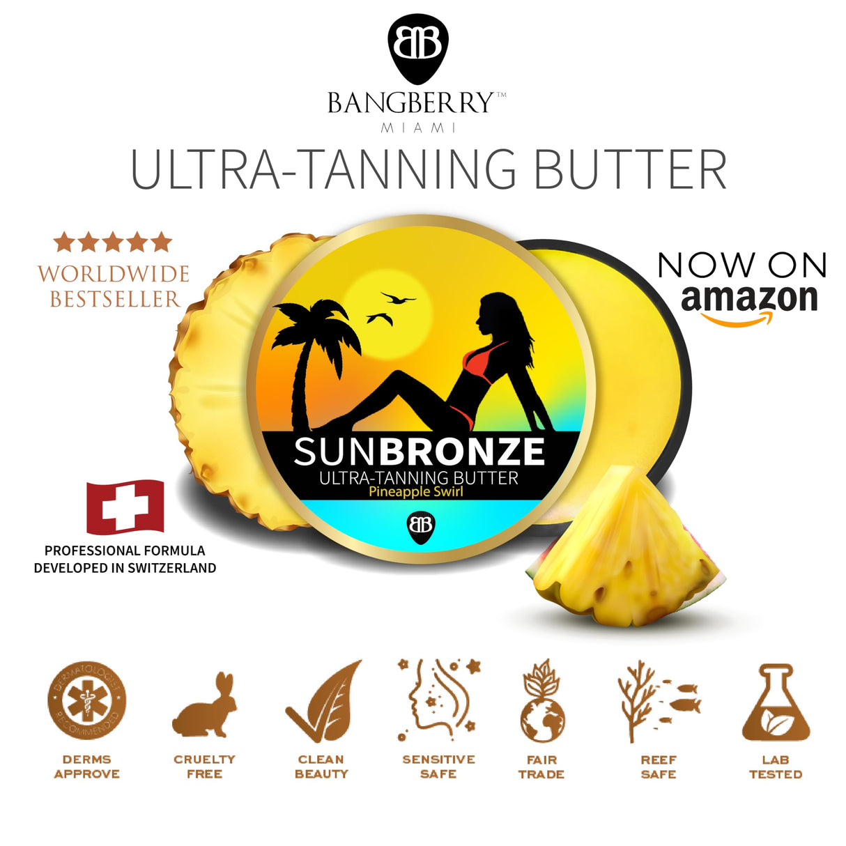 BANGBERRY Original Sun Bronze Ultra Tanning Butter - Pineapple Swirl, Use in the sun outdoor or tanning bed Better than tanning oil Tan faster with premium natural ingredients Safe for Sensitive Skin