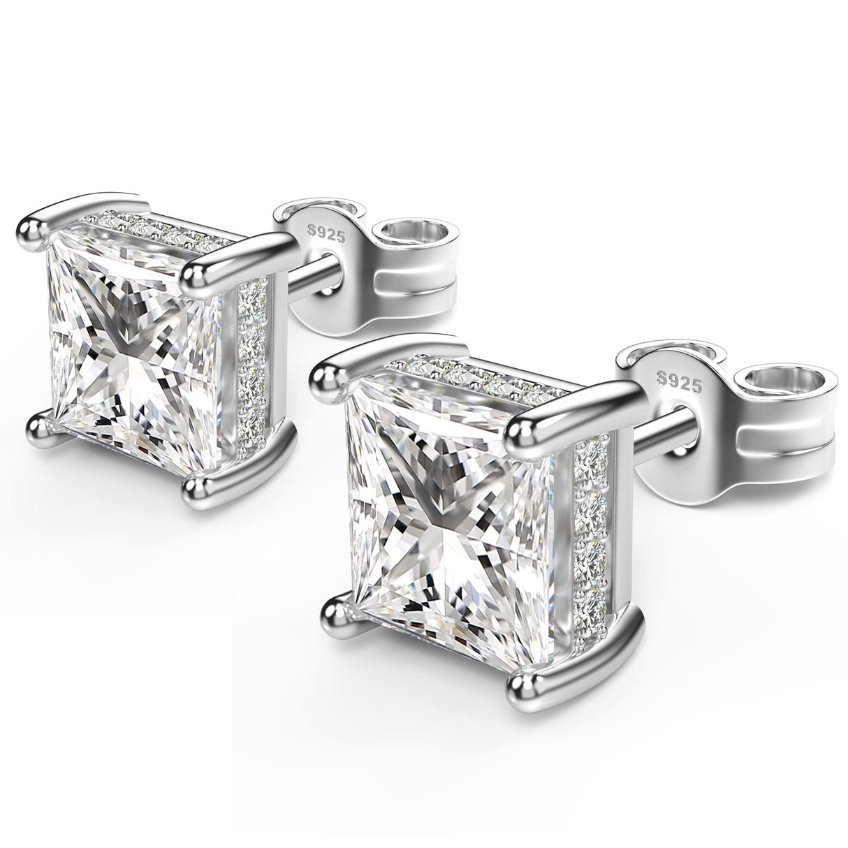 Princess Cut Cubic Zirconia Stud Earrings for Men Women (6MM, White Gold)