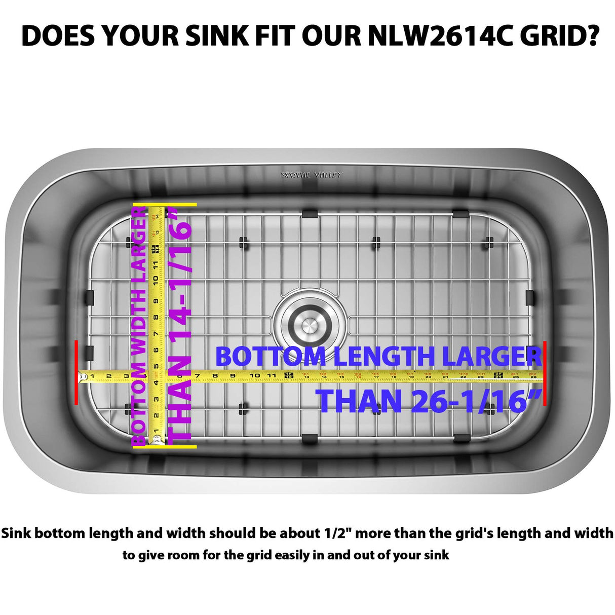 Serene Valley Sink Protector Grid 26-1/16" x 14-1/16", Centered Drain with Corner Radius 3-1/2", 304 Stainless Steel Material NLW2614C
