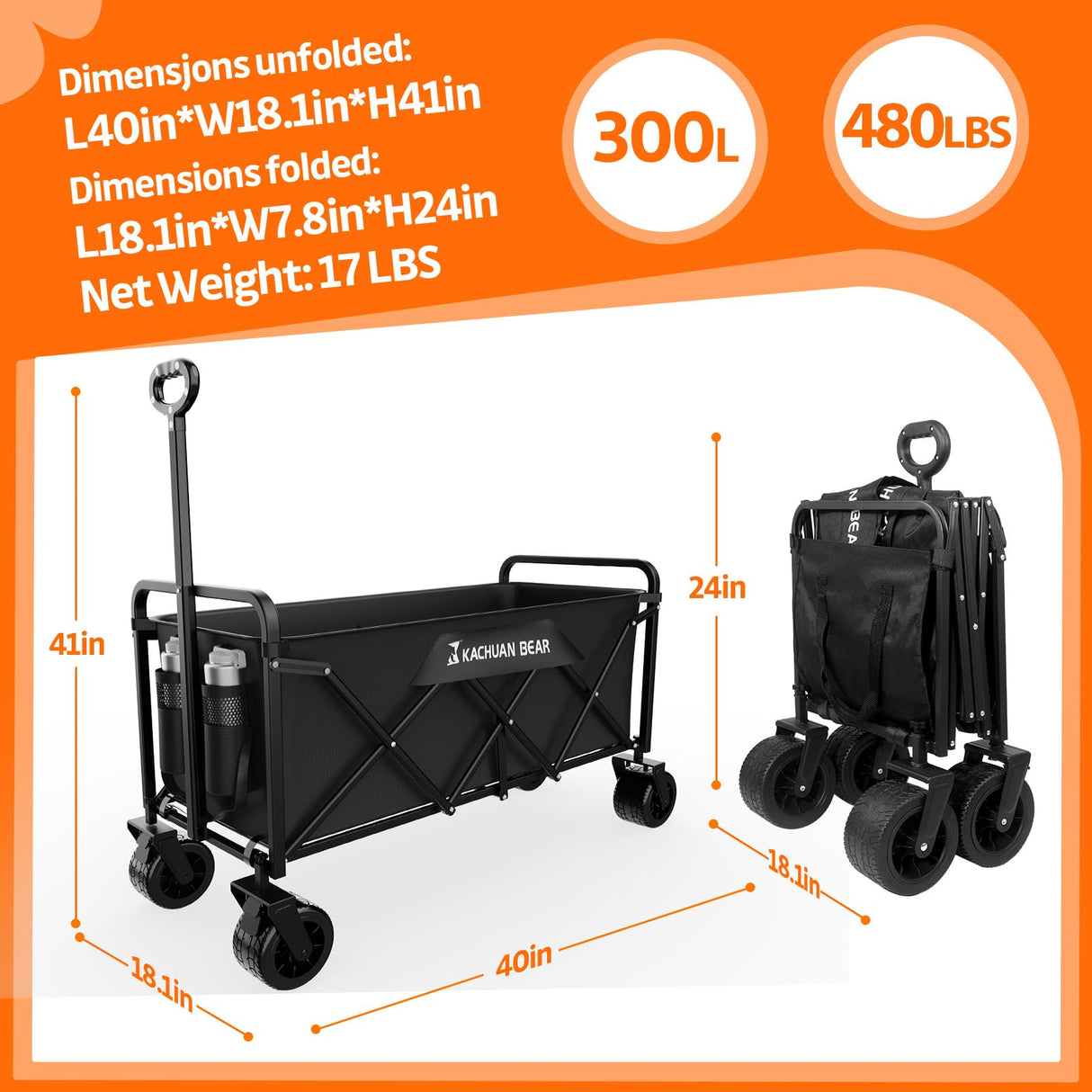 300L Wagons Carts Foldable Collapsible with Big All-Terrain Beach Wheels