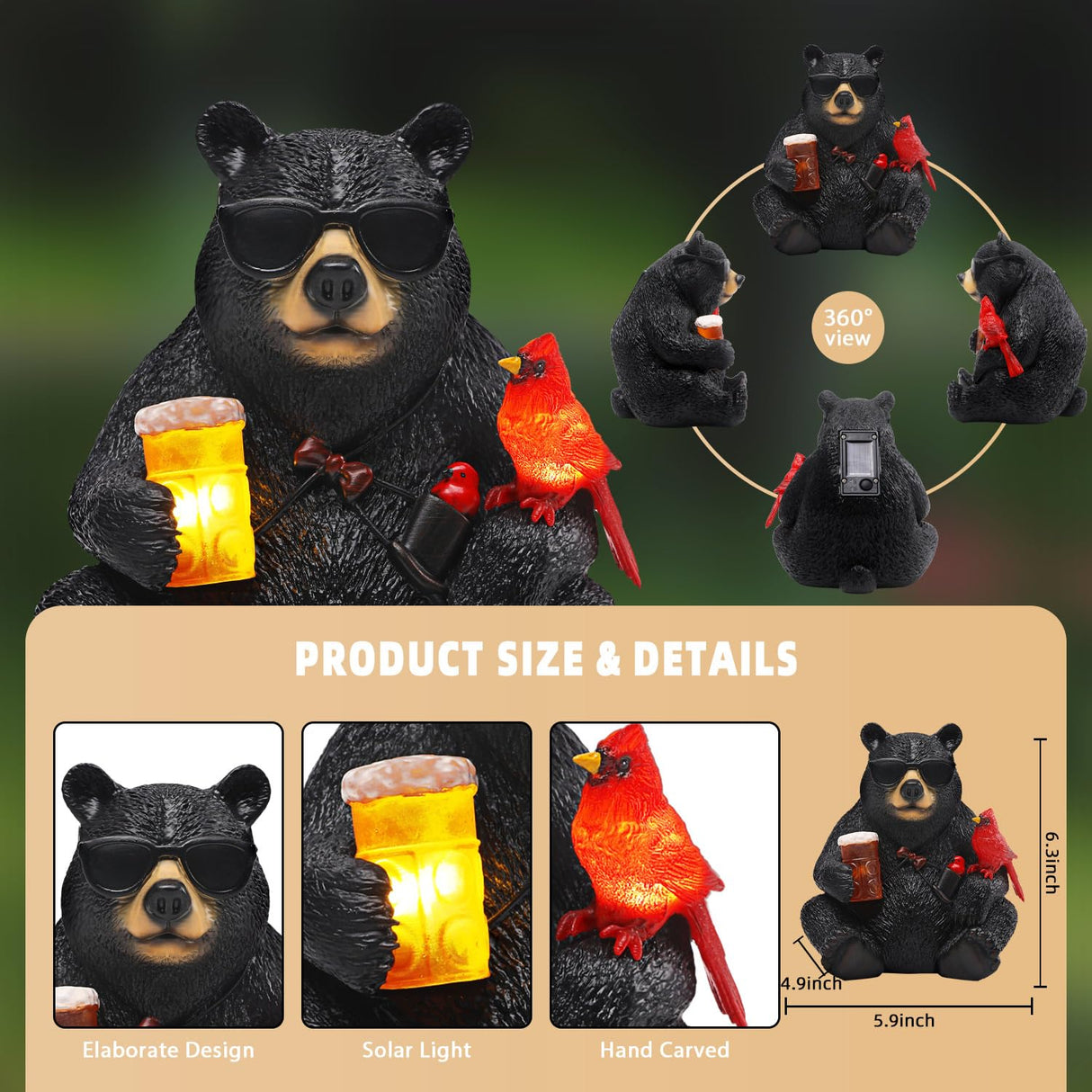 YHSOLAR Solar Black Bear Statue for Garden with Beer and Cardinals 6.3" Resin Garden Statues for Outside Yard Paito Porch Decor Birthday Gardening Gifts for Women Mother Sister Grandmother Wife