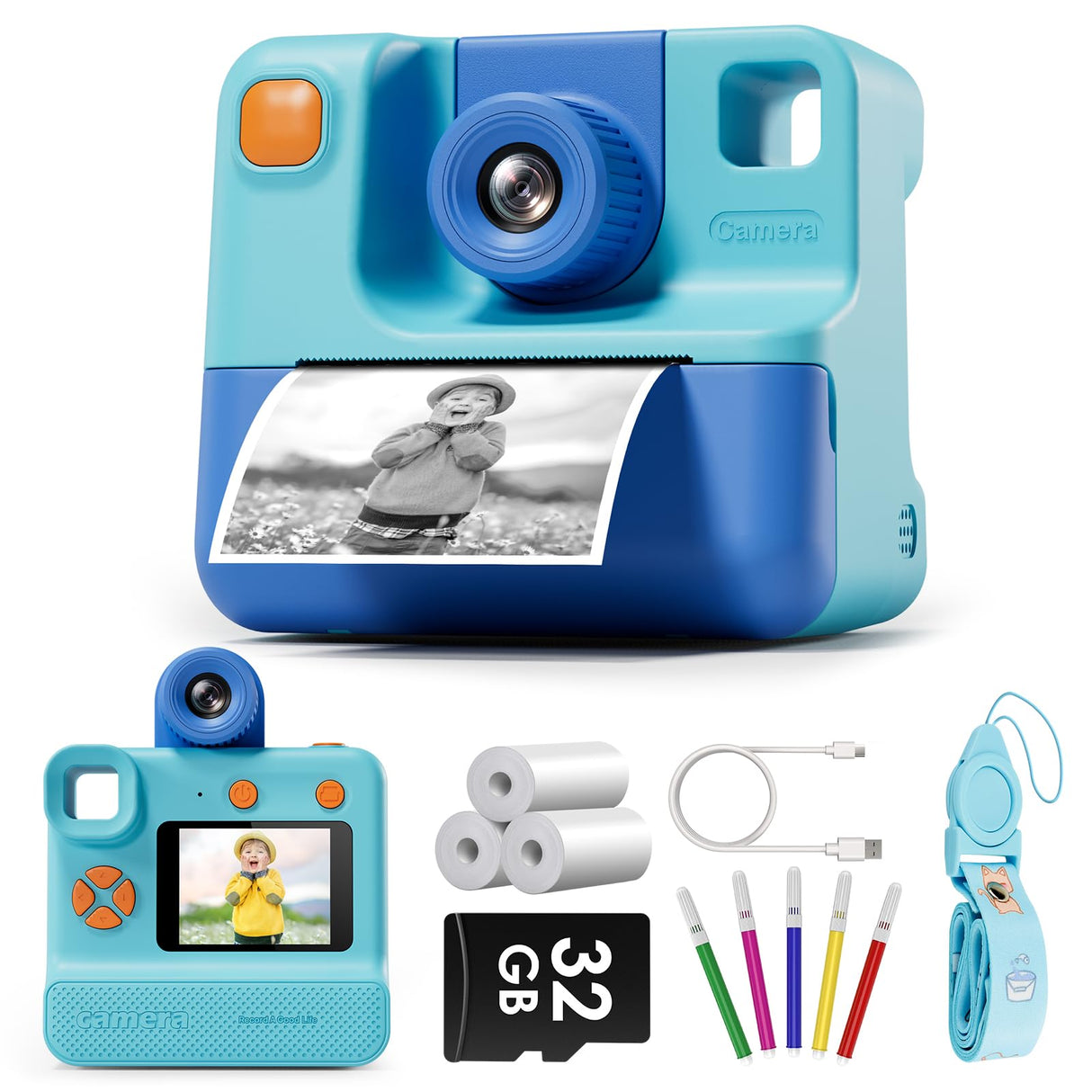 Kids Camera Instant Print, LETSHAHA Christmas Birthday Gifts for Toddler Girls Boys Age 3-12, 24MP & 1080P Selfie Digital Camera with 3 Roll No-Ink Print Paper 32GB SD Card - Blue