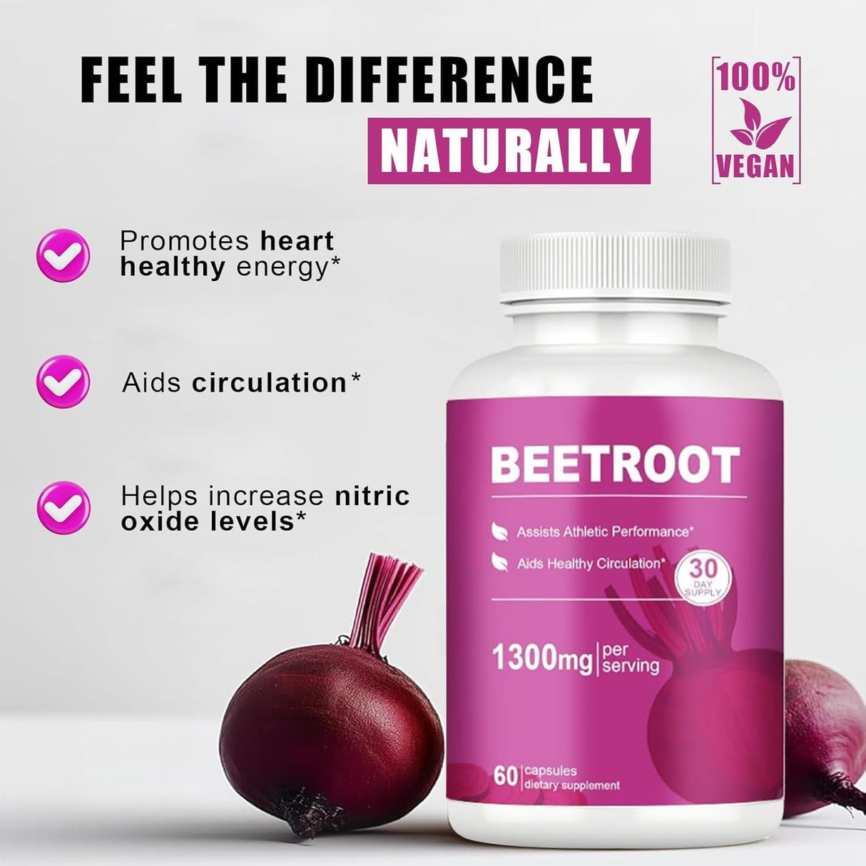 Organic Beet Root Capsules – 1300mg Beetroot Powder for Natural Energy & Endurance Support, Non-GMO, 60 Capsules, 30-Day Supply (1pc)