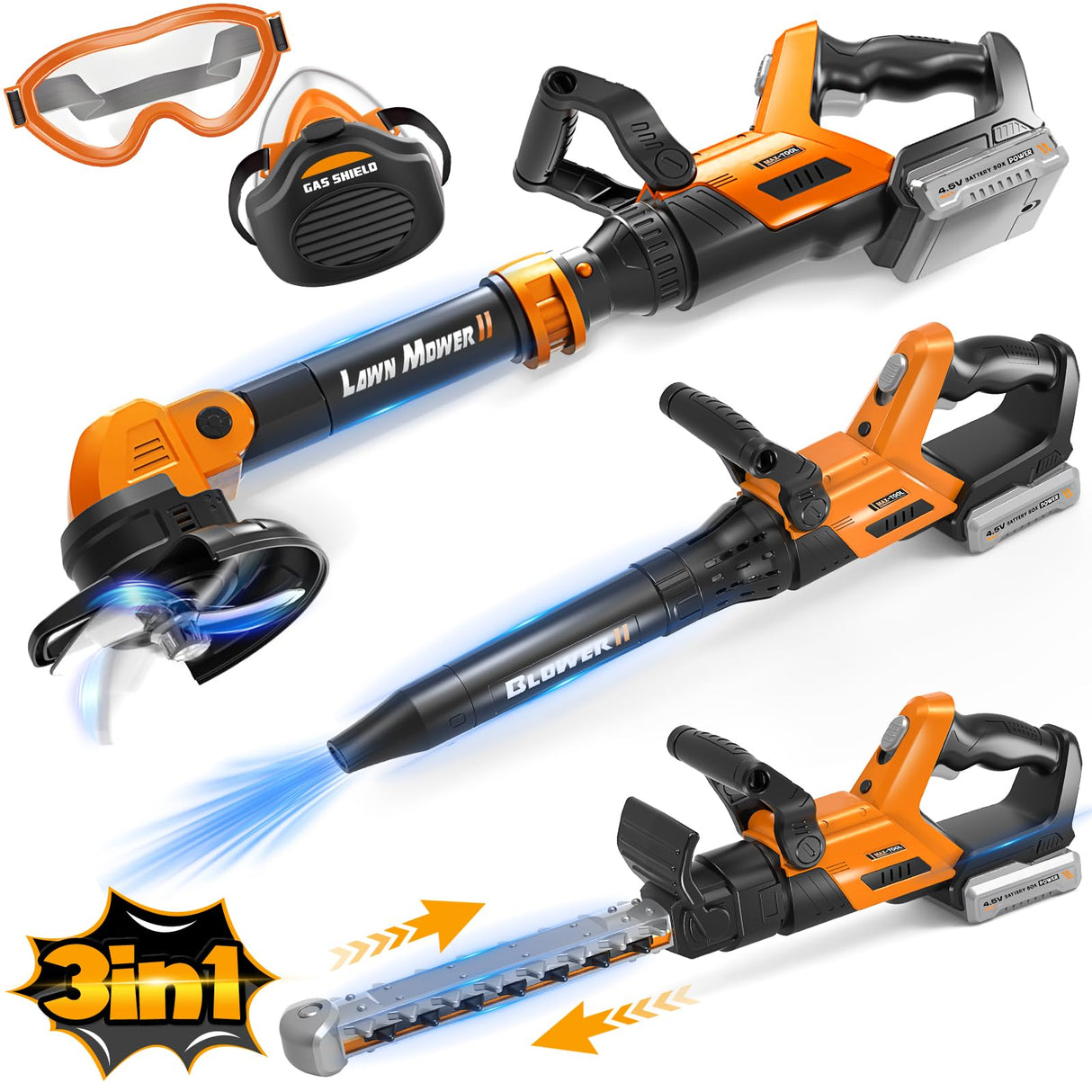 3-IN-1 Kids Garden Tools with Lights and Sounds, Weed Wacker Toy, Leaf Blower Toy, and Hedge Trimmer, Yard Tools Outdoor toys for Boys Pretend Role Play, Christmas Birthday Gifts for Kids 3,4,5,6,7,8+