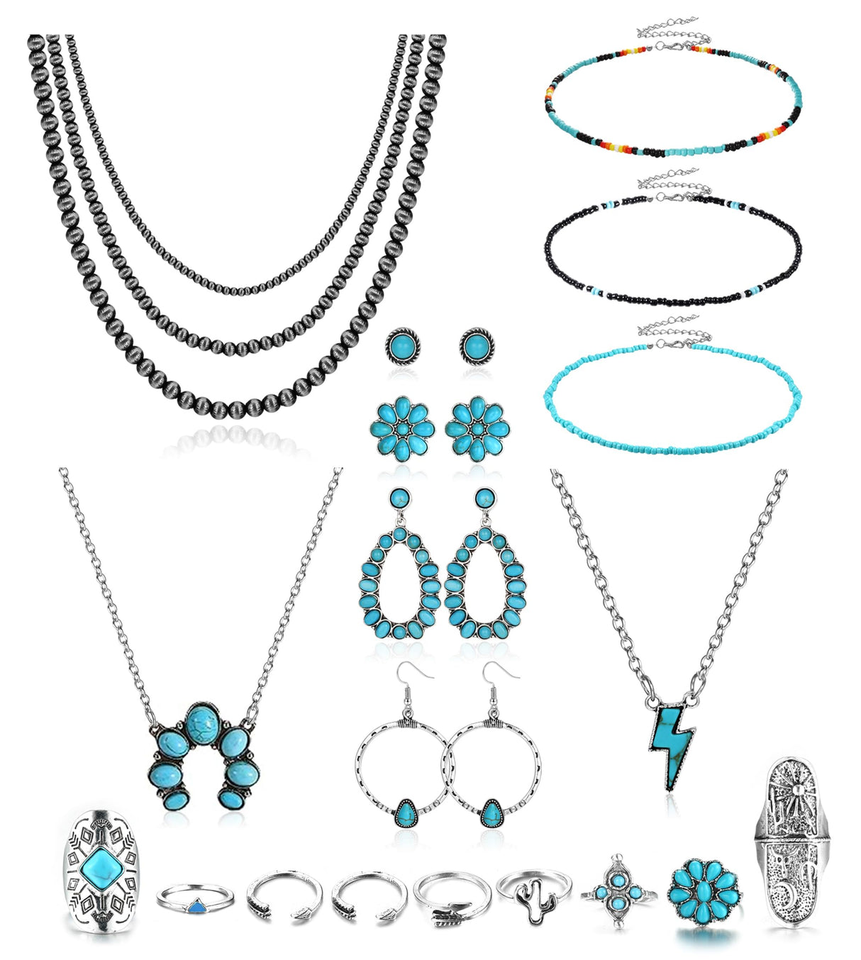 Fansilver Turquoise Jewelry for Women Bohemian Western Jewelry Set,20PCS