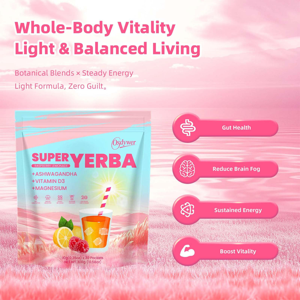 Super Yerba, Yerba Mate Instant Tea Powder –Raspberry Lemonade Flavor, Natural Energy & Focus Boost-30 Servings (1)