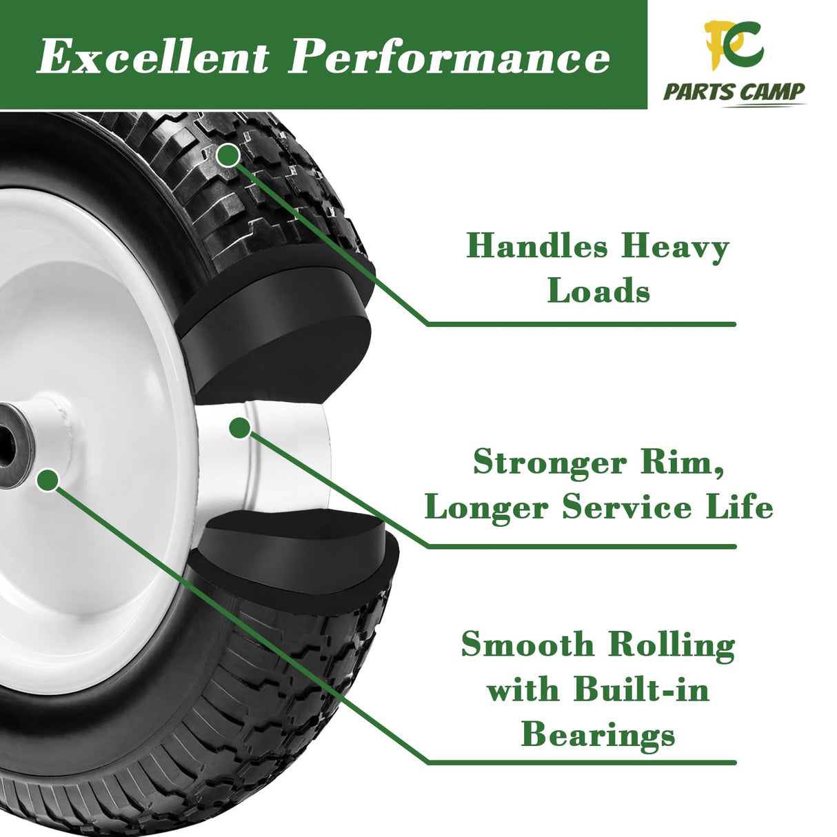 Parts Camp Wheelbarrow Tires,3.50-8" Flat-free Solid Tire and Wheel,Universal Fit 14.5" Wheelbarrow Tire For Garden Carts/Wheelbarrows/Trolley Dolly With 5/8" Axle Bore Hole,3" Centered Hub(2 Pack)