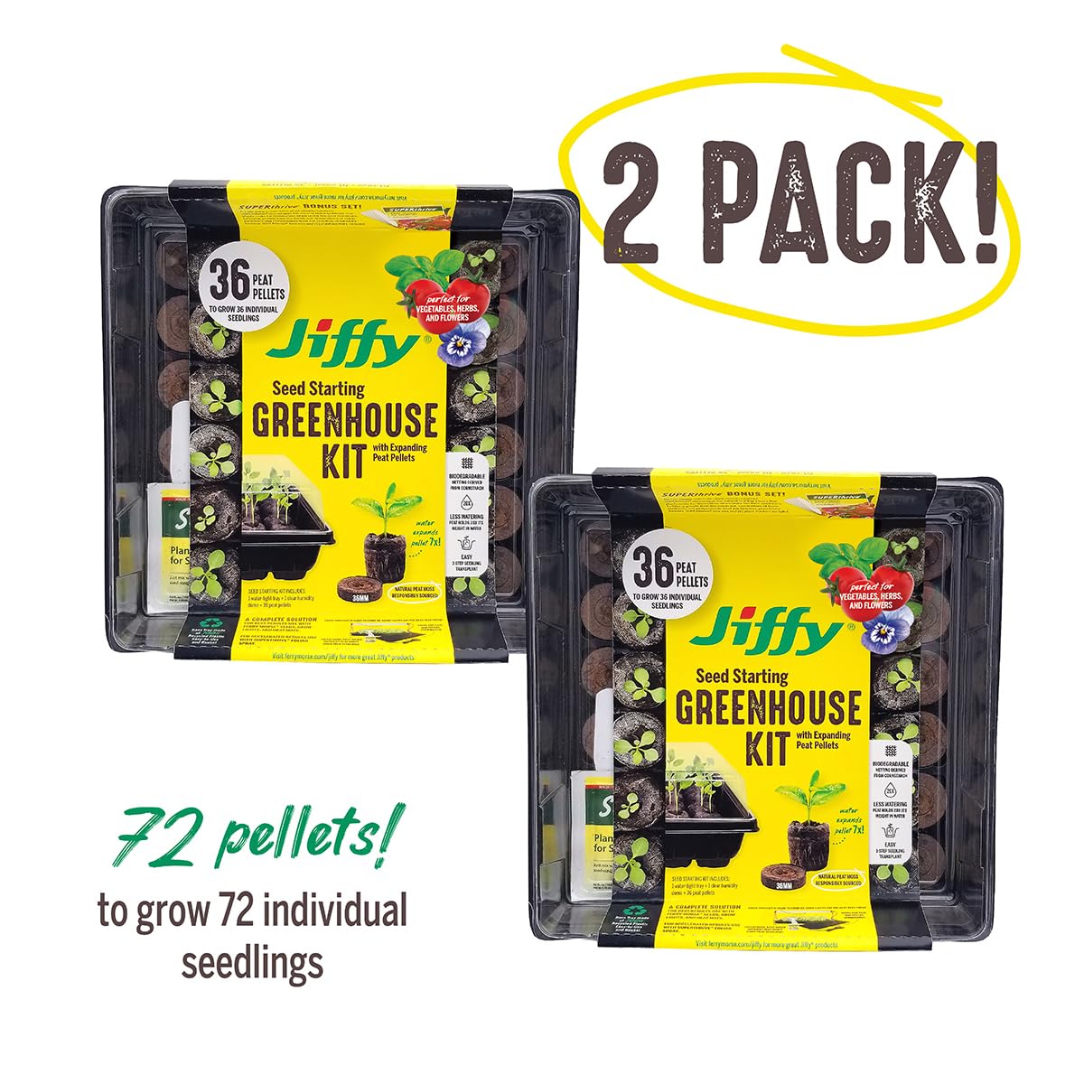 Jiffy Seed Starting Tray Kit - 36 Cell Germination Tray, Portable - 2 Pack, 72 Pellets - Plastic