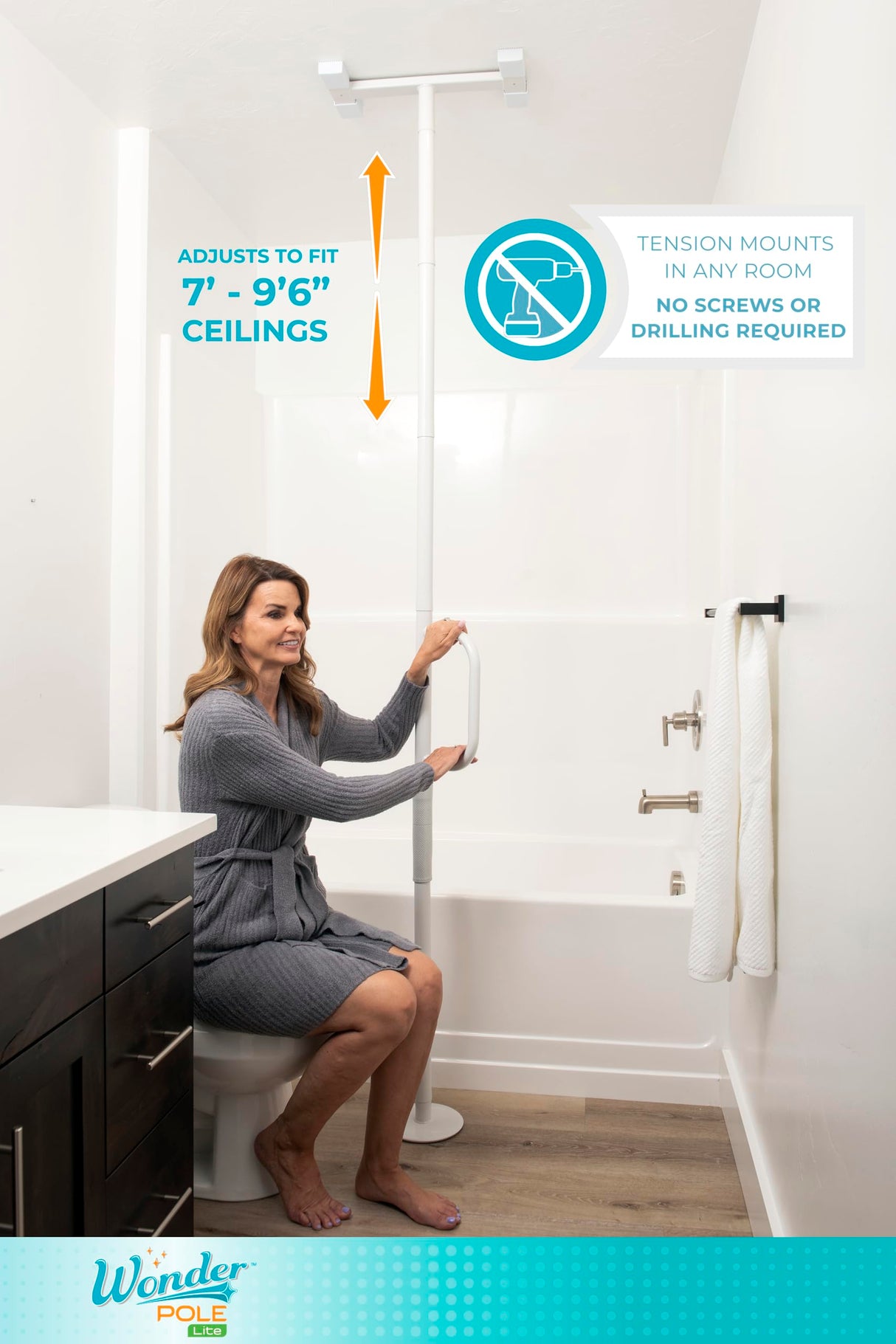 Stander Wonder Pole Lite, Adjustable Floor to Ceiling Safety Grab Bar with Security Support Handle for Fall Prevention, Tension Mounted Transfer-Pole for Adults, Seniors, and Elderly, White