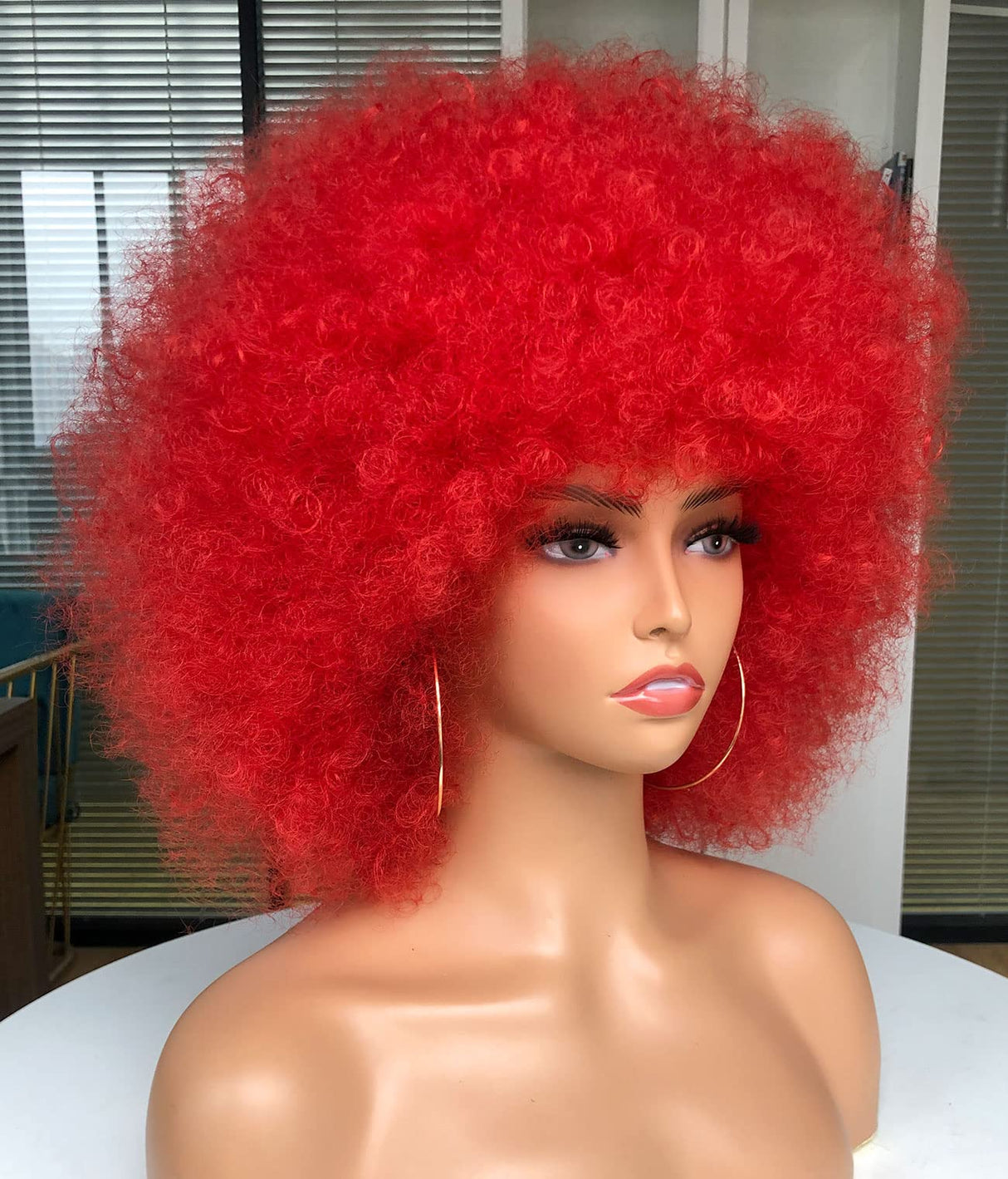 CURLCRAZY 70s Afro Wig with Bangs Short Afro Kinky Curly Wig for Black Women Large Bouncy and Soft Natural Looking Halloween Party Christmas Cosplay Wigs (Red)