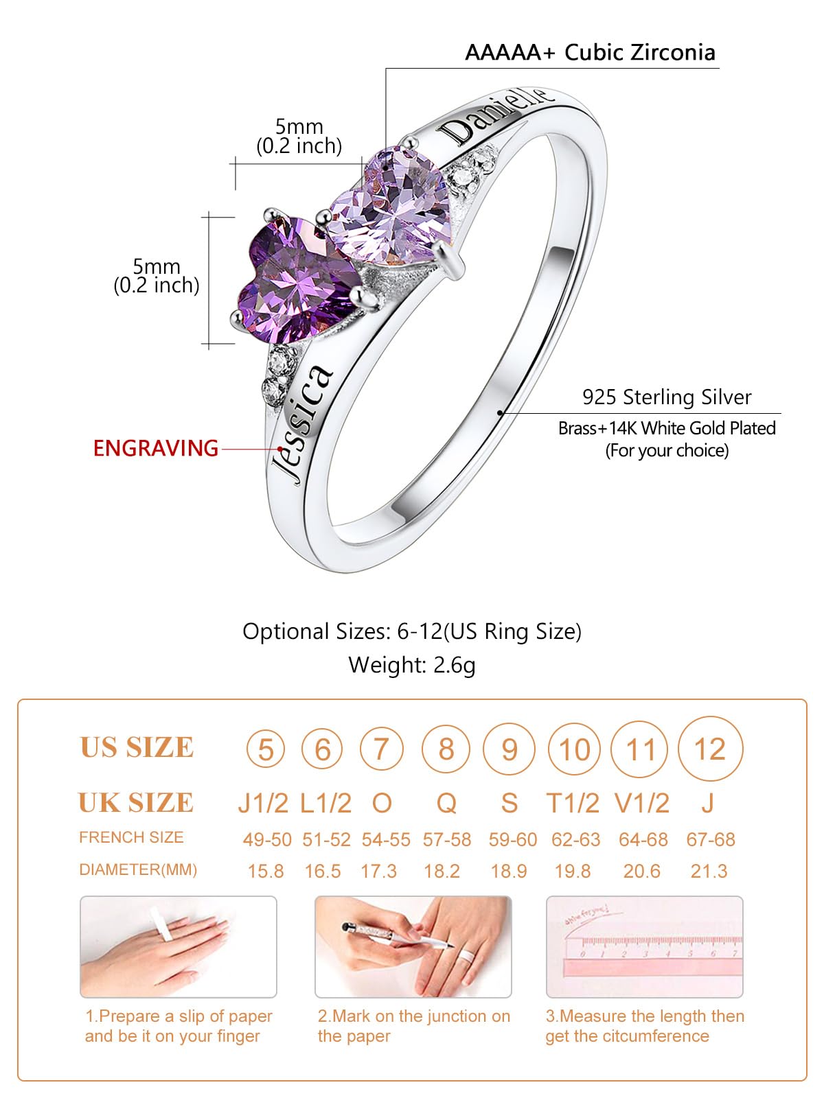 Custom4U Sterling Silver Rings for Women Personalized Name Ring with 2 Birthstones Engagement Promise Wedding Band Sparkling Jewelry Daily Wear
